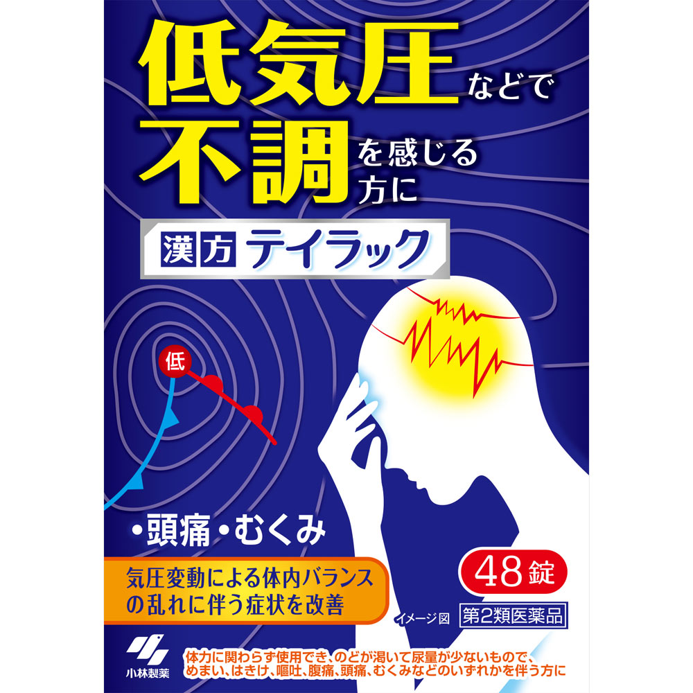 製品の特徴 ●低気圧などによる複数の不調（頭痛・めまい・むくみ等）を感じる方のためのお薬です ●漢方処方“五苓散”が、気圧変動による体内バランスの乱れに伴う症状を改善します ●服用タイミング 天気が悪くなった時など、不調（頭痛・めまい・むくみ等）を感じたタイミングで服用してください 使用上の注意 ■相談すること 1．次の人は服用前に医師、薬剤師又は登録販売者に相談すること (1) 医師の治療を受けている人 (2) 妊婦又は妊娠していると思われる人 (3) 今までに薬などにより発疹・発赤、かゆみ等を起こしたことがある人 2．服用後、次の症状があらわれた場合は副作用の可能性があるので、直ちに服用を中止し、製品のパッケージを持って医師、薬剤師又は登録販売者に相談すること 関係部位 症 状 皮ふ 発疹・発赤、かゆみ 3．1ヶ月位(急性胃腸炎、二日酔に服用する場合には5~6回、水様性下痢、暑気あたりに服用する場合には5~6日間)服用しても症状がよくならない場合は服用を中止し、製品のパッケージを持って医師、薬剤師又は登録販売者に相談すること 効能・効果 体力に関わらず使用でき，のどが渇いて尿量が少ないもので，めまい，吐き気，嘔吐，腹痛，頭痛，むくみなどのいずれかを伴う次の諸症：水様性下痢，急性胃腸炎（しぶり腹のものには使用しないこと），暑気あたり，頭痛，むくみ，二日酔 効能関連注意 しぶり腹とは，残便感があり，くり返し腹痛を伴う便意を催すもののことである 用法・用量 成人（15歳以上）　　1回4錠 5歳以上15歳未満　　1回2錠 1日3回食前又は食間に服用 用法関連注意 (1) 定められた用法・用量を厳守すること (2) 小児に服用させる場合には、保護者の指導監督のもとに服用させること 食間とは「食事と食事の間」を意味し、食後約2〜3時間のことをいいます 成分分量 12錠中 成分 分量 内訳 五苓散エキス 2.3g （タクシャ5g，チョレイ・ブクリョウ・ビャクジュツ各3g，ケイヒ2g） 添加物 クロスカルメロースナトリウム(クロスCMC-Na)，二酸化ケイ素，カルメロースカルシウム(CMC-Ca)，タルク，ステアリン酸マグネシウム，セルロース，ヒプロメロース(ヒドロキシプロピルメチルセルロース)，マクロゴール，カルナウバロウ 保管及び取扱い上の注意 (1) 直射日光の当たらない湿気の少ない涼しい所に保管すること (2) 小児の手の届かない所に保管すること (3) 他の容器に入れ替えないこと （誤用の原因になったり品質が変わる） (4) 1包を分割して服用する場合、残った薬剤は袋の口を2回以上折り返して保管すること また、保管した残りの薬剤は、その日のうちに服用するか捨てること 消費者相談窓口 電話：0120-5884-01 製造販売会社 小林製薬（株） 〒567-0057　大阪府茨木市豊川1-30-3 リスク区分 第2類医薬品 広告文責：有限会社シンエイ 電話：077-545-0252