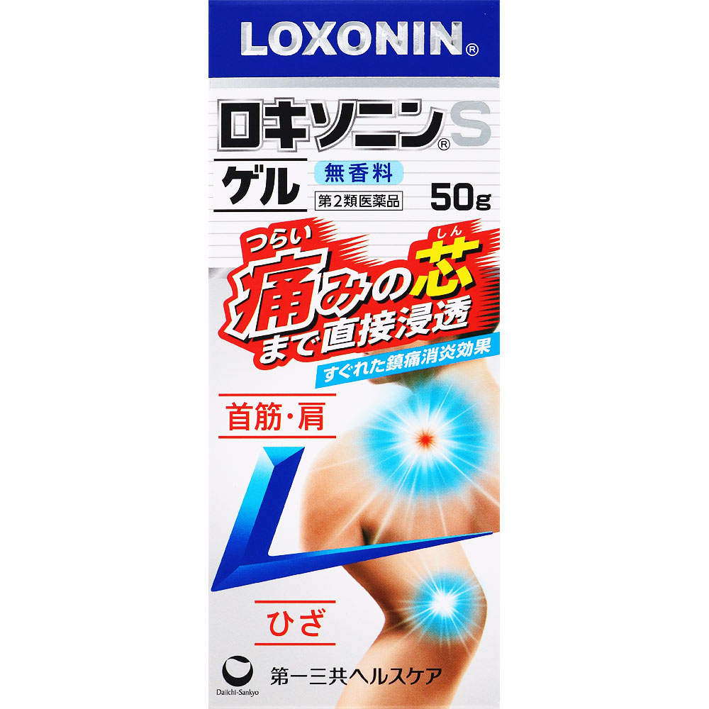 製品の特徴 すぐれた鎮痛消炎効果をもつ［ロキソプロフェンナトリウム水和物］を配合。 ●肌から吸収されると活性型に変化，つらい痛みの芯まで直接浸透してしっかり効く。 ●ベタつきが少なく，すばやく乾く。 ●無香料・無色透明タイプでにおいが少なく，目立たない。 使用上の注意 ■してはいけないこと （守らないと現在の症状が悪化したり，副作用が起こりやすくなります） 1．次の人は使用しないで下さい。 　（1）本剤又は本剤の成分によりアレルギー症状を起こしたことがある人 　（2）本剤又は他の解熱鎮痛薬，かぜ薬，外用鎮痛消炎薬を使用してぜんそくを起こしたことがある人 　（3）15歳未満の小児 2．次の部位には使用しないで下さい。 　（1）目の周囲，粘膜等 　（2）皮膚の弱い部位（顔，わきの下等） 　（3）しっしん，かぶれ，傷口 　（4）みずむし・たむし等又は化膿している患部 3．本剤を使用している間は，他の外用鎮痛消炎薬を使用しないで下さい。 4．連続して2週間以上使用しないで下さい。 　（本剤は痛みを一時的におさえるものです。 痛み等の症状が継続する場合には，使用を中止し，医師の診療を受けて下さい） ■相談すること 1．次の人は使用前に医師，薬剤師又は登録販売者に相談して下さい。 　（1）医師の治療を受けている人 　（2）薬などによりアレルギー症状を起こしたことがある人 　（3）妊婦又は妊娠していると思われる人 　（4）高齢者 　（5）次の診断を受けた人 　　気管支ぜんそく 2．使用後，次の症状があらわれた場合は副作用の可能性がありますので，直ちに使用を中止し，この文書を持って医師，薬剤師又は登録販売者に相談して下さい。 ［関係部位：症状］ 皮膚：発疹・発赤，かゆみ，はれ，ヒリヒリ感，かぶれ，水疱，色素沈着 消化器：胃部不快感，みぞおちの痛み その他：むくみ まれに次の重篤な症状が起こることがあります。 その場合は直ちに医師の診療を受けて下さい。 ［症状の名称：症状］ ショック（アナフィラキシー）：使用後すぐに，皮膚のかゆみ，じんましん，声のかすれ，くしゃみ，のどのかゆみ，息苦しさ，動悸，意識の混濁等があらわれる。 3．使用後，次の症状があらわれることがありますので，このような症状の持続又は増強が見られた場合には，使用を中止し，この文書を持って医師，薬剤師又は登録販売者に相談して下さい。 　下痢・軟便 4．5〜6日間使用しても症状がよくならない場合は使用を中止し，この文書を持って医師，薬剤師又は登録販売者に相談して下さい。 （他の疾患の可能性があります） 効能・効果 腰痛，肩こりに伴う肩の痛み，関節痛，筋肉痛，腱鞘炎（手・手首の痛み），肘の痛み（テニス肘など），打撲，捻挫 用法・用量 1日3〜4回，適量を患部に塗擦して下さい。 用法関連注意 （1）用法・用量を厳守して下さい。 （2）使用部位をラップフィルム等の通気性の悪いもので覆わないで下さい。 （3）本剤は，痛みやはれ等の原因になっている病気を治療するのではなく，痛みやはれ等の症状のみを治療する薬剤なので，症状がある場合だけ使用して下さい。 （4）1回あたり8cm（約2g），1週間あたり50gを超えて使用しないで下さい。 （5）目に入らないように注意して下さい。 万一，目に入った場合には，すぐに水又はぬるま湯で洗って下さい。 なお，症状が重い場合には，眼科医の診療を受けて下さい。 （6）外用にのみ使用して下さい。 （7）使用後は手を洗って下さい。 成分分量 100g中 成分 分量 内訳 ロキソプロフェンナトリウム水和物 1.13g （無水物として1g） 添加物 エタノール，1,3-ブチレングリコール，ヒプロメロース(ヒドロキシプロピルメチルセルロース)，カルボキシビニルポリマー，トリエタノールアミン 保管及び取扱い上の注意 （1）直射日光の当たらない涼しい所に密栓して保管して下さい。 （2）小児の手の届かない所に保管して下さい。 （3）他の容器に入れ替えないで下さい。 （誤用の原因になったり品質が変わります） （4）火気に近づけないで下さい。 （5）本剤は化学繊維，プラスチック類，塗装面等を溶かしたりすることがありますので，床，家具，メガネ等につかないようにして下さい。 （6）表示の使用期限を過ぎた製品は使用しないで下さい。 また，開封した後は，なるべく早く使用して下さい。 消費者相談窓口 会社名：第一三共ヘルスケア株式会社 住所：〒103-8234　東京都中央区日本橋3-14-10 問い合わせ先：お客様相談室 電話：0120-337-336 受付時間：9：00〜17：00（土，日，祝日を除く） 製造販売会社 会社名：第一三共ヘルスケア株式会社 住所：東京都中央区日本橋3-14-10 リスク区分 第2類医薬品 広告文責：有限会社シンエイ 電話：077-545-0252
