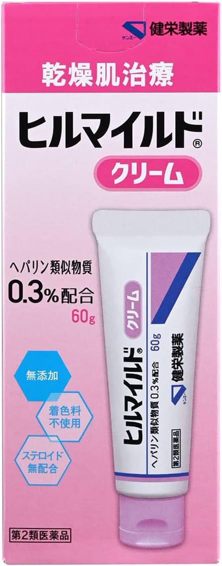 製品の特徴 ■しっとり潤うクリームタイプ ヘパリン類似物質配合 顔や手足の乾燥肌治療に ●使いやすいワンタッチキャップ採用 ●ステロイド無配合 ●無着色 使用上の注意 ■してはいけないこと （守らないと現在の症状が悪化したり，副作用が起こりやすくなります） 1．次の人は使用しないでください 　（1）出血性血液疾患（血友病，血小板減少症，紫斑病等）の人。 　（2）わずかな出血でも重大な結果をきたすことが予想される人。（血液凝固抑制作用を有し出血を助長するおそれがあります。） 2．次の部位には使用しないでください 　目や目の周囲，粘膜（口腔，鼻腔，膣等）。 ■相談すること 1．次の人は使用前に医師，薬剤師又は登録販売者に相談してください 　（1）医師の治療を受けている人。 　（2）薬などによりアレルギー症状を起こしたことがある人。 　（3）湿潤やただれのひどい人。 2．使用後，次の症状があらわれた場合は副作用の可能性があるので，直ちに使用を中止し，この外箱を持って医師，薬剤師又は登録販売者に相談してください ［関係部位：症状］ 皮ふ：発疹・発赤，かゆみ，はれ，紫斑 3．5〜6日間使用しても症状がよくならない場合は使用を中止し，この外箱を持って医師，薬剤師又は登録販売者に相談してください 効能・効果 手指のあれ，ひじ・ひざ・かかと・くるぶしの角化症，手足のひび・あかぎれ，乾皮症，小児の乾燥性皮膚，しもやけ（ただれを除く），きず・火傷のあとの皮膚のしこり・つっぱり（顔面を除く），打身・捻挫後のはれ・筋肉痛・関節痛 用法・用量 1日1〜数回，適量を患部にすりこむか，又はガーゼ等にのばして貼ってください。 用法関連注意 （1）用法用量を厳守してください。 （2）小児に使用させる場合には，保護者の指導監督のもとに使用させてください。 （3）目に入らないように注意してください。 万一，目に入った場合には，すぐに水又はぬるま湯で洗ってください。 なお，症状が重い場合には，眼科医の診療を受けてください。 （4）外用にのみ使用してください。 成分分量 100g中 成分 分量 ヘパリン類似物質 0.3g 添加物 サラシミツロウ，パラフィン，マイクロクリスタリンワックス，白色ワセリン，エデト酸ナトリウム水和物，ジブチルヒドロキシトルエン，グリセリン，軽質流動パラフィン，スクワラン，グリセリン脂肪酸エステル，ポリオキシエチレンセチルエーテル，パラオキシ安息香酸プロピル，パラオキシ安息香酸メチル 保管及び取扱い上の注意 （1）直射日光の当たらない涼しい所に密栓して保管してください。 （2）小児の手の届かない所に保管してください。 （3）他の容器に入れ替えないでください。 （誤用の原因になったり品質が変わることがあります。） （4）使用期限を過ぎた製品は使用しないでください。 消費者相談窓口 会社名：健栄製薬（株） 電話：（06）6231-5822 受付時間：9：00〜17：00（土，日，祝日を除く） 製造販売会社 会社名：健栄製薬株式会社 住所：大阪市中央区伏見町2丁目5番8号 リスク区分 第2類医薬品 広告文責：有限会社シンエイ 電話：077-545-0252