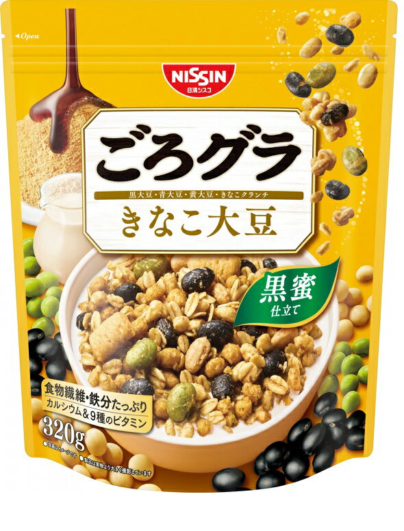製品の特徴 ●大豆のリッチなおいしさが楽しめる、うれしい栄養バランスのグラノーラ ●こんがり香る黒蜜仕立てのコク深い味わいで、具材のおいしさが引き立つザクザク食感のシリアル生地に、 黒大豆、青大豆、黄大豆、ザクザクきなこクランチを加えました。 ●たっぷりの食物繊維や鉄分、カルシウムと9種のビタミン入り。 栄養成分表示[1食分(40g)当たり] 1人前（180g）当たり（推定値） エネルギー 169kcal たんぱく質 5.4g 脂質 5.4g コレステロール 0mg 炭水化物 27.4g 糖質 22.8g 食物繊維 4.6g 食塩相当量 0.16g カルシウム 51mg 鉄 2.6mg ナイアシン 4.4mg パントテン酸 0.60mg ビタミンB1 0.26mg ビタミンB2 0.10mg ビタミンB6 0.40mg ビタミンB12 0.30μg ビタミンC 24mg ビタミンD 3.0μg 葉酸 102μg リン 91mg カリウム 198mg 【原材料】 オーツ麦フレーク（オーストラリア製造又はイギリス製造又はその他）、砂糖、小麦シリアルパフ、きな粉シリアルパフ（コーングリッツ、小麦ふすま、きな粉、小麦粉）、黒大豆、植物油脂、青大豆、きな粉クランチ（小麦粉、砂糖、ショートニング、きな粉、でん粉、食塩）、きな粉、大豆、水溶性食物繊維、デキストリン、しょうゆ、乳糖、黒糖蜜／香料、炭酸カルシウム、ビタミンC、乳化剤、酸化防止剤（ビタミンE、ビタミンC）、ピロリン酸鉄、ナイアシン、カゼインNa、カラメル色素、パントテン酸カルシウム、ビタミンB6、ビタミンB1、葉酸、ビタミンB2、ビタミンD、ビタミンB12 ※ウェブサイトに掲載されている本商品の原材料名と栄養成分情報は、商品パッケージに記載されている内容と異なる場合があります。ご購入、お召し上がりの際には、お手元の商品パッケージの表示をご確認ください。 ※パッケージデザイン等が予告なく変更される場合もあります。 ※商品廃番・メーカー欠品など諸事情によりお届けできない場合がございます。 販売元：製品の特徴 ●大豆のリッチなおいしさが楽しめる、うれしい栄養バランスのグラノーラ ●こんがり香る黒蜜仕立てのコク深い味わいで、具材のおいしさが引き立つザクザク食感のシリアル生地に、 黒大豆、青大豆、黄大豆、ザクザクきなこクランチを加えました。 ●たっぷりの食物繊維や鉄分、カルシウムと9種のビタミン入り。 栄養成分表示[1食分(40g)当たり] 1人前（180g）当たり（推定値） エネルギー 169kcal たんぱく質 5.4g 脂質 5.4g コレステロール 0mg 炭水化物 27.4g 糖質 22.8g 食物繊維 4.6g 食塩相当量 0.16g カルシウム 51mg 鉄 2.6mg ナイアシン 4.4mg パントテン酸 0.60mg ビタミンB1 0.26mg ビタミンB2 0.10mg ビタミンB6 0.40mg ビタミンB12 0.30μg ビタミンC 24mg ビタミンD 3.0μg 葉酸 102μg リン 91mg カリウム 198mg 【原材料】 オーツ麦フレーク（オーストラリア製造又はイギリス製造又はその他）、砂糖、小麦シリアルパフ、きな粉シリアルパフ（コーングリッツ、小麦ふすま、きな粉、小麦粉）、黒大豆、植物油脂、青大豆、きな粉クランチ（小麦粉、砂糖、ショートニング、きな粉、でん粉、食塩）、きな粉、大豆、水溶性食物繊維、デキストリン、しょうゆ、乳糖、黒糖蜜／香料、炭酸カルシウム、ビタミンC、乳化剤、酸化防止剤（ビタミンE、ビタミンC）、ピロリン酸鉄、ナイアシン、カゼインNa、カラメル色素、パントテン酸カルシウム、ビタミンB6、ビタミンB1、葉酸、ビタミンB2、ビタミンD、ビタミンB12 ※パッケージデザイン等が予告なく変更される場合もあります。 ※商品廃番・メーカー欠品など諸事情によりお届けできない場合がございます。 販売元：日清シスコ株式会社 所在地：〒110-0015 東京都台東区東上野4-24-11グローバル・ワン上野11階 お問い合わせ先 電話：0120-937-023 受付時間／平日9:00〜17：00 （土日祝除く） 所在地：〒110-0015 東京都台東区東上野4-24-11グローバル・ワン上野11階 お問い合わせ先 電話：0120-937-023 受付時間／平日9:00〜17：00 （土日祝除く） 広告文責：有限会社シンエイ 電話：077-545-0252