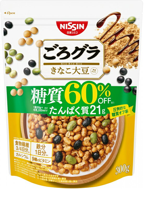 製品の特徴 ●糖質は抑えながら、高プロテイン＆食物繊維&鉄分&カルシウム！ ●「ごろグラ きなこ大豆」と比べて (同重量で比較) 糖質の量を60%オフしながら、たんぱく質、食物繊維、鉄分、カルシウムをしっかりとることができる健康志向のグラノーラです。 栄養成分表示[1食分(50g)当たり] エネルギー 177kcal (303kcal) たんぱく質 14.9g (21.7g) 脂質 7.0g (14.84g) コレステロール 0mg (25mg) 炭水化物 24.6g (34.5g) 糖質 9.8g (19.7g) 食物繊維 14.8g (14.8g) 食塩相当量 0.23g (0.44g) カルシウム 142mg (369mg) 鉄 6.5mg (6.5mg) ナイアシン 7.0mg (7.2mg) パントテン酸 0.85mg (1.99mg) ビタミンB1 0.45mg (0.53mg) ビタミンB2 0.15mg (0.46mg) ビタミンB6 0.60mg (0.66mg) ビタミンB12 0.35μg (0.97μg) ビタミンC 31mg (33mg) ビタミンD 3.5μg (4.1μg) 葉酸 133μg (143μg) リン 245mg (437mg) カリウム 565mg (875mg) 【原材料】 濃縮大豆たんぱくパフ（濃縮大豆たんぱく粉（大豆（中国産））、オーツフラワー、小麦粉、その他）、水溶性食物繊維、黒大豆、オーツ麦フレーク、植物油脂、大豆たんぱくライ麦パフ（濃縮大豆たんぱく粉、ライ麦粉、その他）、青大豆、砂糖、大豆、きな粉、乳糖、しょうゆ、黒糖蜜／炭酸カルシウム、香料、ビタミンC、乳化剤、酸化防止剤（ビタミンE、ビタミンC）、甘味料（アセスルファムK、スクラロース）、ピロリン酸鉄、ナイアシン、カラメル色素、パントテン酸カルシウム、ビタミンB6、ビタミンB1、ビタミンB2、葉酸、ビタミンD、ビタミンB12 ※ウェブサイトに掲載されている本商品の原材料名と栄養成分情報は、商品パッケージに記載されている内容と異なる場合があります。ご購入、お召し上がりの際には、お手元の商品パッケージの表示をご確認ください。 ※パッケージデザイン等が予告なく変更される場合もあります。 ※商品廃番・メーカー欠品など諸事情によりお届けできない場合がございます。 販売元：日清シスコ株式会社 所在地：〒110-0015 東京都台東区東上野4-24-11グローバル・ワン上野11階 お問い合わせ先 電話：0120-937-023 受付時間／平日9:00〜17：00 （土日祝除く） 広告文責：有限会社シンエイ 電話：077-545-0252