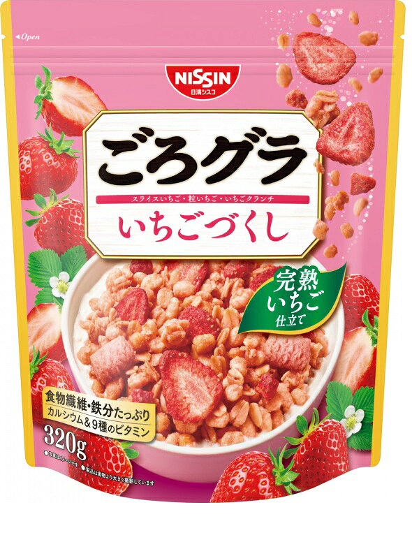 製品の特徴 ●いちごのリッチなおいしさが楽しめる、うれしい栄養バランスのグラノーラ ●香り豊かな完熟いちご仕立ての甘酸っぱい味わいで、具材のおいしさが引き立つザクザク食感のシリアル生地に、 大きめのスライスいちご、粒いちご、ザクザクいちごクランチを加えました。 ●たっぷりの食物繊維や鉄分、カルシウムと9種のビタミン入り。 栄養成分表示[1食分(40g)当たり] エネルギー 169kcal たんぱく質 2.9g 脂質 5.6g コレステロール 0mg 炭水化物 29.7g 糖質 25.3g 食物繊維 4.4g 食塩相当量 0.22g カルシウム 51mg 鉄 4.4mg ナイアシン 3.2mg パントテン酸 0.50mg ビタミンB1 0.34mg ビタミンB2 0.11mg ビタミンB6 0.36mg ビタミンB12 0.30μg ビタミンC 28mg ビタミンD 2.8μg 葉酸 92μg リン 68mg カリウム 86mg 【原材料】 オーツ麦フレーク（オーストラリア製造又はイギリス製造又はその他）、小麦シリアルパフ（大豆を含む）、砂糖、植物油脂、コーンシリアルパフ、水溶性食物繊維、乾燥いちご加工品、いちごクランチ（小麦粉、砂糖、ショートニング、でん粉、発酵バター、食塩、いちご濃縮果汁）、デキストリン、乳糖、食塩、いちご濃縮果汁／炭酸カルシウム、加工でん粉、ベニコウジ色素、香料、酸味料、乳化剤、ビタミンC、酸化防止剤（ビタミンE、ビタミンC、ローズマリー抽出物）、ピロリン酸鉄、カゼインNa、ナイアシン、パントテン酸カルシウム、ビタミンB6、ビタミンB1、ビタミンB2、葉酸、ビタミンD、ビタミンB12 ※ウェブサイトに掲載されている本商品の原材料名と栄養成分情報は、商品パッケージに記載されている内容と異なる場合があります。ご購入、お召し上がりの際には、お手元の商品パッケージの表示をご確認ください。 ※パッケージデザイン等が予告なく変更される場合もあります。 ※商品廃番・メーカー欠品など諸事情によりお届けできない場合がございます。 販売元：製品の特徴 ●大豆のリッチなおいしさが楽しめる、うれしい栄養バランスのグラノーラ ●こんがり香る黒蜜仕立てのコク深い味わいで、具材のおいしさが引き立つザクザク食感のシリアル生地に、 黒大豆、青大豆、黄大豆、ザクザクきなこクランチを加えました。 ●たっぷりの食物繊維や鉄分、カルシウムと9種のビタミン入り。 栄養成分表示[1食分(40g)当たり] 1人前（180g）当たり（推定値） エネルギー 169kcal たんぱく質 5.4g 脂質 5.4g コレステロール 0mg 炭水化物 27.4g 糖質 22.8g 食物繊維 4.6g 食塩相当量 0.16g カルシウム 51mg 鉄 2.6mg ナイアシン 4.4mg パントテン酸 0.60mg ビタミンB1 0.26mg ビタミンB2 0.10mg ビタミンB6 0.40mg ビタミンB12 0.30μg ビタミンC 24mg ビタミンD 3.0μg 葉酸 102μg リン 91mg カリウム 198mg 【原材料】 オーツ麦フレーク（オーストラリア製造又はイギリス製造又はその他）、砂糖、小麦シリアルパフ、きな粉シリアルパフ（コーングリッツ、小麦ふすま、きな粉、小麦粉）、黒大豆、植物油脂、青大豆、きな粉クランチ（小麦粉、砂糖、ショートニング、きな粉、でん粉、食塩）、きな粉、大豆、水溶性食物繊維、デキストリン、しょうゆ、乳糖、黒糖蜜／香料、炭酸カルシウム、ビタミンC、乳化剤、酸化防止剤（ビタミンE、ビタミンC）、ピロリン酸鉄、ナイアシン、カゼインNa、カラメル色素、パントテン酸カルシウム、ビタミンB6、ビタミンB1、葉酸、ビタミンB2、ビタミンD、ビタミンB12 ※パッケージデザイン等が予告なく変更される場合もあります。 ※商品廃番・メーカー欠品など諸事情によりお届けできない場合がございます。 販売元：日清シスコ株式会社 所在地：〒110-0015 東京都台東区東上野4-24-11グローバル・ワン上野11階 お問い合わせ先 電話：0120-937-023 受付時間／平日9:00〜17：00 （土日祝除く） 所在地：〒110-0015 東京都台東区東上野4-24-11グローバル・ワン上野11階 お問い合わせ先 電話：0120-937-023 受付時間／平日9:00〜17：00 （土日祝除く） 広告文責：有限会社シンエイ 電話：077-545-0252