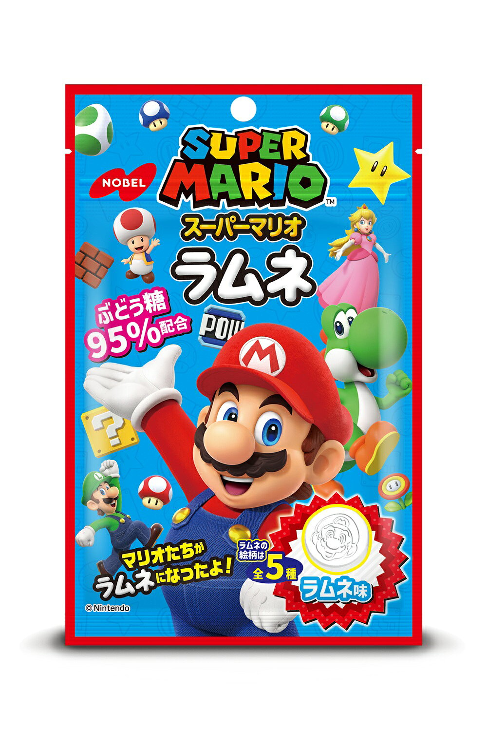 製品の特徴 ●任天堂のキャラクター「スーパーマリオ」がラムネになりました！ ●マリオをはじめとした様々なキャラクターやアイテムなど全5種の絵柄が楽しめるラムネです。 ●みんなが大好きなキャラクターと定番のラムネ味！ 味も見た目も楽しんでいただけます！ ※パッケージデザイン等が予告なく変更される場合もあります。 ※商品廃番・メーカー欠品など諸事情によりお届けできない場合がございます。 販売元：ノーベル製菓株式会社 住所：〒544-0004大阪市生野区巽北4丁目10番2号 商品に関するお問い合わせ先 電話：0120-47-0141 受付時間／平日9:00〜17:00（土日祝除く） 広告文責：有限会社シンエイ 電話：077-545-0252
