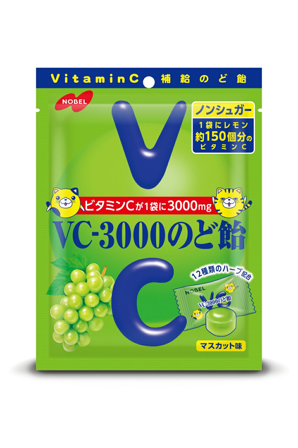 製品の特徴 ●厳長く親しまれている「VC-3000のど飴」をフルリニューアル！ ●「美味しくビタミンCが補給できるのど飴」という商品特徴がより伝わりやすくなりました。 ●のど飴っぽくない、ジューシーなマスカットを感じるヘビロテ間違いなしののど飴！ ※パッケージデザイン等が予告なく変更される場合もあります。 ※商品廃番・メーカー欠品など諸事情によりお届けできない場合がございます。 販売元：ノーベル製菓株式会社 住所：〒544-0004大阪市生野区巽北4丁目10番2号 商品に関するお問い合わせ先 電話：0120-47-0141 受付時間／平日9:00〜17:00（土日祝除く） 広告文責：有限会社シンエイ 電話：077-545-0252