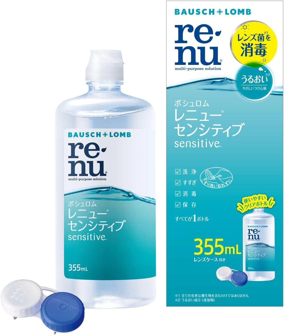 製品の特徴 ●ポロキサミンの働きにより、瞬きするたびに涙のクッションがレンズを覆って、やさしいつけ心地が持続します※2。 ●レンズのはり付き、乾き、ごろごろ感などの不快感に。 ●洗浄 これ1本で、くもりのないクリアなレンズに。 レンズ表面に付着した汚れをしっかり落とす 「洗浄」+「汚れの付着防止」レンズをきれいに保つ2ステップ効果 非イオン性界面活性剤のポロキサミン（添加物）配合。ポロキサミンで、洗浄＋汚れの付着防止のダブルの効果。 ●すすぎ これ1本ですすぎまで簡単ケア 洗浄後のすすぎもレニューでできる MPS（マルチパーパスソリューション）のレニューレンズケア製品なら、洗浄後のすすぎも1本で完結。 ●消毒 国際基準で証明された消毒力でレンズを清潔に 国際基準で証明された、高い消毒効果 ●保存 消毒が終わったら、そのままレンズの保存ができる 4時間以上の保存（消毒）で、レンズの使用が可能 消毒が完了したレンズは、そのまま装用可能。 ●タンパク除去 タンパク除去でクリアな視界※5 タンパク汚れをしっかり落とす成分配合 ※パッケージデザイン等が予告なく変更される場合もあります。 ※商品廃番・メーカー欠品など諸事情によりお届けできない場合がございます。 販売元：ボシュロム・ジャパン株式会社 所在地：東京都品川区南大井6-26-2　大森ベルポートB館 商品に関するお問い合わせ先 電話：0120-132490 受付時間／平日9:00〜18:00 （土日祝除く） 広告文責：有限会社シンエイ 電話：077-545-0252