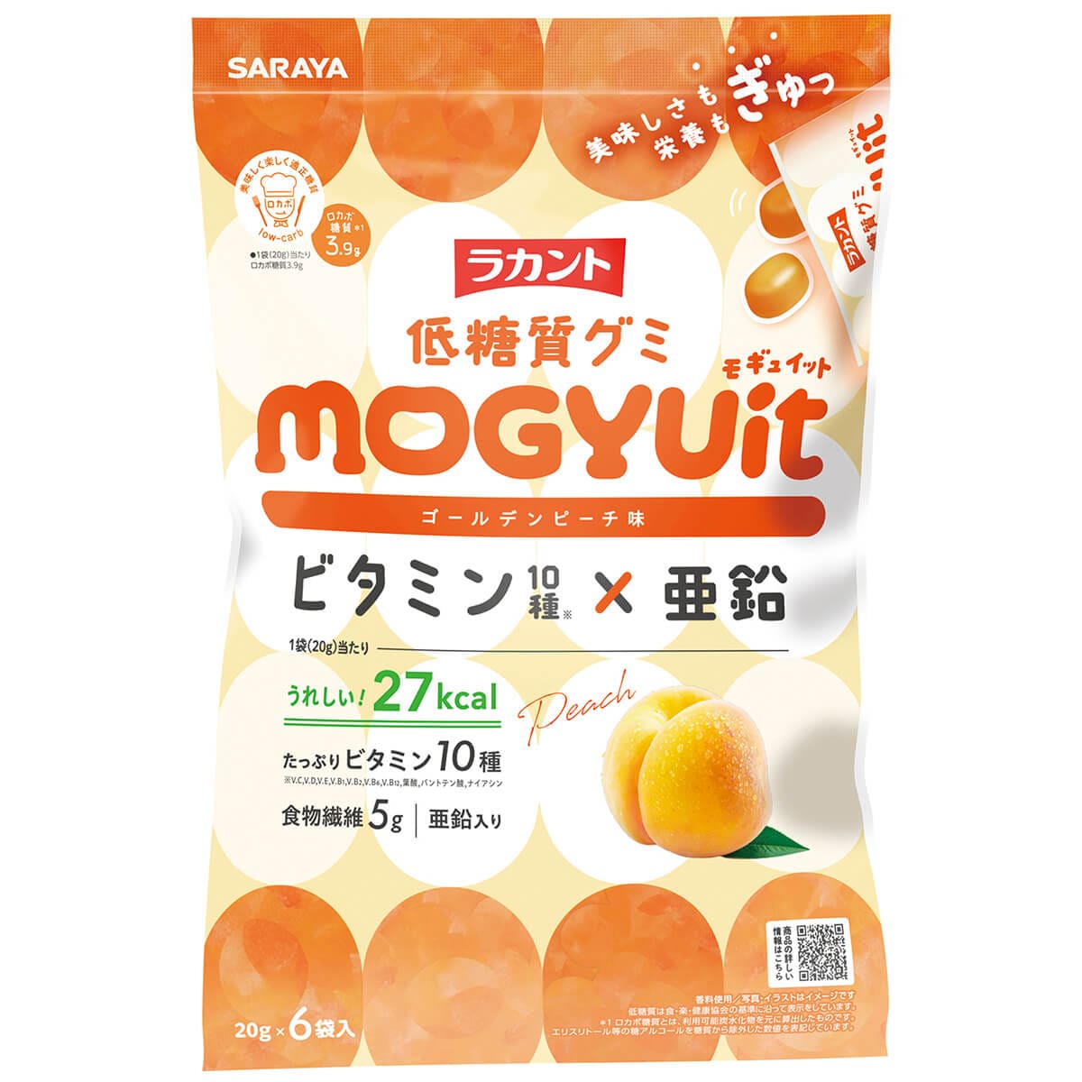 製品の特徴 ●美味しさも栄養も“ぎゅっ”と詰め込んだ低糖質※1グミ ●10種のビタミン※2、食物繊維、鉄分をバランスよく配合し、美味しさも栄養もぎゅっと詰め込んだ低糖質グミ。 ●ラカントの甘味成分を使用し、低糖質でおいしく、日々のおやつに栄養をプラス。 ●噛みごたえしっかりの“もぎゅっと”食感にもこだわり、満足感のある食べごたえに仕上げました。 ●小腹が空いた時やお口がさみしい時に。 ※1 低糖質は食・楽・健康協会の基準に沿って表示をしています。 ※2 V.C,V.D,V.E,V.B?,V.B?,V.B?,V.B??,葉酸,バントテン酸,ナイアシン 原材料名 ポリデキストロース（国内製造）、マルチトール、エリスリトール、ゼラチン、もも濃縮果汁、亜鉛含有酵母／ソルビトール、酸味料、マンニトール、ゲル化剤（ペクチン）、V.C、香料、甘味料（ラカンカ抽出物）、ナイアシン、V.E、光沢剤、パントテン酸Ca、V.B2、V.B1、V.B6、V.A、着色料（カロチン色素）、葉酸、V.D、V.B12、（一部にゼラチン・ももを含む） ※パッケージデザイン等が予告なく変更される場合もあります。 ※商品廃番・メーカー欠品など諸事情によりお届けできない場合がございます。 販売元：サラヤ株式会社 所在地：〒546-0013 大阪市東住吉区湯里2-2-8 商品に関するお問い合わせ先 電話：0120-40-3636 受付時間／平日9:00〜17:00 （土日祝除く） 広告文責：有限会社シンエイ 電話：077-545-0252