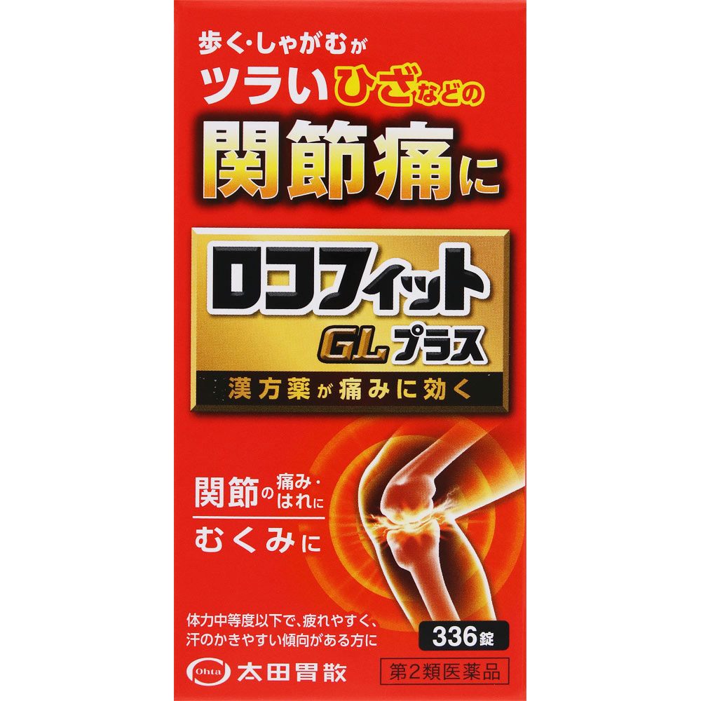 製品の特徴 年を重ねるたびに、痛み出すひざなどの関節。痛みをかばって、 運動せずにいると、体重が増え、関節への負担も大きくなります。 そんな方のために生まれたのが、「ロコフィットGLプラス」。 歩く・しゃがむがツラいひざなどの関節痛に効く漢方薬です。 漢方処方【防已黄耆湯】が悪循環を緩和！ 効果1　抗炎症作用により、「ひざなどの痛み」をしっかり抑えます 効果2　代謝を上げる作用により、「体重も落とします」 だから 関節への負担も減り、くりかえす「ひざなどの痛み」によく効きます 使用上の注意 ■相談すること 1．次の人は服用前に医師、薬剤師又は登録販売者に相談してください 　（1）医師の治療を受けている人。 　（2）妊婦又は妊娠していると思われる人。 　（3）今までに薬などにより発疹・発赤、かゆみ等を起こしたことがある人。 2．服用後、次の症状があらわれた場合は副作用の可能性があるので、直ちに服用を中止し、この説明書を持って医師、薬剤師又は登録販売者に相談してください ［関係部位：症状］ 皮膚：発疹・発赤、かゆみ 消化器：食欲不振、胃部不快感 　まれに下記の重篤な症状が起こることがあります。その場合は直ちに医師の診療を受けてください。 ［症状の名称：症状］ 間質性肺炎：階段を上ったり、少し無理をしたりすると息切れがする・息苦しくなる、空せき、発熱等がみられ、これらが急にあらわれたり、持続したりする。 肝機能障害：発熱、かゆみ、発疹、黄疸（皮膚や白目が黄色くなる）、褐色尿、全身のだるさ、食欲不振等があらわれる。 3．1ヵ月位服用しても症状がよくならない場合は服用を中止し、この説明書を持って医師、薬剤師又は登録販売者に相談してください 効能・効果 体力中等度以下で、疲れやすく、汗のかきやすい傾向があるものの次の諸症：肥満に伴う関節のはれや痛み、むくみ、多汗症、肥満症（筋肉にしまりのない、いわゆる水ぶとり） 用法・用量 次の量を食前、食間（就寝前を含む）又は空腹時に白湯又は水で服用してください。 ［年齢：1回量：1日服用回数］ 成人（15歳以上）：4錠：3回 15歳未満：服用しないこと ※食間とは食後2〜3時間のことをいいます。 成分分量 1日量（12錠）中 成分 分量 内訳 防已黄耆湯エキス（13/20量） 1820mg （ボウイ・オウギ各3250mg、ソウジュツ・タイソウ各1950mg、カンゾウ975mg、ショウキョウ650mg） 添加物 塩酸グルコサミン、軽質無水ケイ酸、合成ケイ酸アルミニウム、カルメロースカルシウム(CMC-Ca)、タルク、ステアリン酸マグネシウム、トウモロコシデンプン 保管及び取扱い上の注意 （1）直射日光の当たらない湿気の少ない涼しい所に密栓して保管してください。 （2）小児の手の届かない所に保管してください。 （3）他の容器に入れ替えないでください。 (誤用の原因になったり品質が変わることがあります。) （4）ビンの中の詰め物は錠剤が輸送中に破損するのを防ぐものですので、開封後は捨ててください。 （5）使用期限を過ぎた製品は服用しないでください。 なお、使用期限内であっても、開封後は品質保持の点からなるべく早く服用してください。 （6）水分の付着が変色等の原因となりますので、ぬれた手で錠剤に触れないでください。 また、ぬれた手等で触れた錠剤はビンに戻さないでください。 （7）吸湿しやすいため、服用のつどキャップをしっかり閉めてください。 消費者相談窓口 会社名：株式会社太田胃散 住所：東京都文京区千石2-3-2 問い合わせ先：お客様相談室 電話：(03) 3944-1311（代表） 受付時間：9：30〜17：00（土、日、祝日等を除く） 製造販売会社 会社名：株式会社太田胃散 住所：東京都文京区千石2-3-2 リスク区分 第2類医薬品 広告文責：有限会社シンエイ 電話：077-545-0252