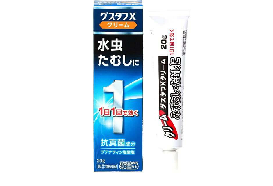 製品の特徴 グスタフX液は水虫のつらい諸症状を鎮めながら，水虫の原因である白癬菌を殺菌する水虫薬です。 白癬菌に優れた殺菌力を持つブテナフィン塩酸塩を1％配合。角質層によく浸透し，1日1回の使用でよく効き，不快な症状を改善します。 使用上の注意 ■してはいけないこと （守らないと現在の症状が悪化したり，副作用が起こりやすくなります） 1．次の人は使用しないでください 　本剤又は本剤の成分によりアレルギー症状を起こしたことがある人。 2．次の部位には使用しないでください 　（1）目や目の周囲，粘膜（例えば，口腔，鼻腔，膣等），陰のう，外陰部等。 　（2）湿疹。 　（3）湿潤，ただれ，亀裂や外傷のひどい患部。 ■相談すること 1．次の人は使用前に医師，薬剤師又は登録販売者に相談してください 　（1）医師の治療を受けている人。 　（2）妊婦又は妊娠していると思われる人。 　（3）乳幼児。 　（4）薬などによりアレルギー症状を起こしたことがある人。 　（5）患部が顔面又は広範囲の人。 　（6）患部が化膿している人。 　（7）「湿疹」か「みずむし，いんきんたむし，ぜにたむし」かがはっきりしない人。 　　（陰のうにかゆみ・ただれ等の症状がある場合は，湿疹等他の原因による場合が多い。） 2．使用後，次の症状があらわれた場合は副作用の可能性があるので，直ちに使用を中止し，この説明書を持って医師，薬剤師又は登録販売者に相談してください ［関係部位：症状］ 皮膚：発疹・発赤，かゆみ，かぶれ，はれ，刺激感，落屑，ただれ，水疱，亀裂 3．2週間位使用しても症状がよくならない場合は使用を中止し，この説明書を持って医師，薬剤師又は登録販売者に相談してください 効能・効果 水虫，いんきんたむし，ぜにたむし 用法・用量 1日1回，適量を患部に塗布してください。 用法関連注意 （1）定められた用法・用量を厳守してください。 （2）患部やその周囲が汚れたまま使用しないでください。 （3）目に入らないように注意してください。 万一，目に入った場合には，すぐに水又はぬるま湯で洗い，直ちに眼科医の診療を受けてください。 （4）小児に使用させる場合には，保護者の指導監督のもとに使用させてください。 （5）外用にのみ使用してください。 成分分量 100mL中 成分 分量 ブテナフィン塩酸塩 1g 添加物 l-メントール，エタノール，マクロゴール 保管及び取扱い上の注意 （1）直射日光の当たらない涼しい所に密栓して保管してください。 （2）小児の手の届かない所に保管してください。 （3）他の容器に入れ替えないでください。 （誤用の原因になったり品質が変わるのを防ぐため。） （4）使用期限（外箱に記載）を過ぎた製品は使用しないでください。 　なお，使用期限内であっても，開封後はなるべく早く使用してください。 （品質保持のため。） （5）本剤のついた手で，目や粘膜に触れないでください。 （6）チューブの口に穴を開ける際にチューブを強く握り過ぎるとクリームが多く出る場合がありますのでご注意ください。 消費者相談窓口 会社名：奥田製薬株式会社 住所：大阪市北区天満1丁目4番5号 問い合わせ先：お客様相談窓口 電話：06-6351-2100（代表） 受付時間：9：00〜17：00（土日祝日を除く） 製造販売会社 会社名：奥田製薬株式会社 住所：大阪市北区天満1丁目4番5号 リスク区分 第「2」類医薬品 広告文責：有限会社シンエイ 電話：077-545-0252