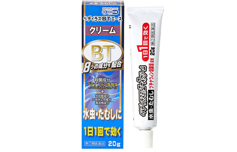 製品の特徴 8つの成分が水虫のつらい諸症状を鎮め，1日1回の使用でよく効きます。 　◎抗真菌成分：ブテナフィン塩酸塩 　◎かゆみ止め成分：クロタミトン，リドカイン，クロルフェニラミンマレイン酸塩 　◎殺菌成分：イソプロピルメチルフェノール 　◎抗炎症成分：グリチルレチン酸 　◎清涼感成分：l-メントール，dl-カンフル 使用上の注意 ■してはいけないこと （守らないと現在の症状が悪化したり，副作用が起こりやすくなります） 1．次の人は使用しないでください 　本剤又は本剤の成分によりアレルギー症状を起こしたことがある人。 2．次の部位には使用しないでください 　（1）目や目の周囲，粘膜（例えば，口腔，鼻腔，膣等），陰のう，外陰部等。 　（2）湿疹。 　（3）湿潤，ただれ，亀裂や外傷のひどい患部。 ■相談すること 1．次の人は使用前に医師，薬剤師又は登録販売者に相談してください 　（1）医師の治療を受けている人。 　（2）妊婦又は妊娠していると思われる人。 　（3）乳幼児。 　（4）薬などによりアレルギー症状を起こしたことがある人。 　（5）患部が顔面又は広範囲の人。 　（6）患部が化膿している人。 　（7）「湿疹」か「みずむし，いんきんたむし，ぜにたむし」かがはっきりしない人。 　　（陰のうにかゆみ・ただれ等の症状がある場合は，湿疹等他の原因による場合が多い。） 2．使用後，次の症状があらわれた場合は副作用の可能性があるので，直ちに使用を中止し，この説明書を持って医師，薬剤師又は登録販売者に相談してください ［関係部位：症状］ 皮膚：発疹・発赤，かゆみ，かぶれ，はれ，刺激感，熱感，落屑，ただれ，水疱，亀裂，乾燥感，ヒリヒリ感 3．2週間位使用しても症状がよくならない場合は使用を中止し，この説明書を持って医師，薬剤師又は登録販売者に相談してください 効能・効果 みずむし，いんきんたむし，ぜにたむし 用法・用量 1日1回，適量を患部に塗布してください。 用法関連注意 （1）定められた用法・用量を厳守してください。 （2）患部やその周囲が汚れたまま使用しないでください。 （3）目に入らないように注意してください。 万一，目に入った場合には，すぐに水又はぬるま湯で洗い，直ちに眼科医の診療を受けてください。 （4）小児に使用させる場合には，保護者の指導監督のもとに使用させてください。 （5）外用にのみ使用してください。 成分分量 100g中 成分 分量 ブテナフィン塩酸塩 1.0g クロタミトン 5.0g リドカイン 2.0g グリチルレチン酸 0.5g クロルフェニラミンマレイン酸塩 0.5g イソプロピルメチルフェノール 0.3g l-メントール 2.0g dl-カンフル 1.0g 添加物 プロピレングリコール，ミリスチン酸イソプロピル，ポリソルベート80，カルボキシビニルポリマー，L-アルギニン，パラベン 保管及び取扱い上の注意 （1）直射日光の当たらない涼しい所に密栓して保管してください。 （2）小児の手の届かない所に保管してください。 （3）他の容器に入れ替えないでください。 （誤用の原因になったり品質が変わるのを防ぐため） （4）使用期限を過ぎた製品は使用しないでください。 　なお，使用期限内であっても，開封後はなるべく早く使用してください。 （品質保持のため） （5）本剤のついた手で，目や粘膜に触れないでください。 （6）チューブの口に穴を開ける際にチューブを強く握り過ぎるとクリームが多く出る場合がありますのでご注意ください。 消費者相談窓口 会社名：奥田製薬株式会社 住所：大阪市北区天満1丁目4番5号 問い合わせ先：お客様相談窓口 電話：06-6351-2100（代表） 受付時間：9：00〜17：00（土日祝日を除く） 製造販売会社 会社名：奥田製薬株式会社 住所：大阪市北区天満1丁目4番5号 リスク区分 第「2」類医薬品 広告文責：有限会社シンエイ 電話：077-545-0252