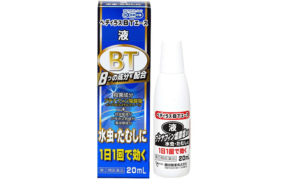 製品の特徴 8つの成分が水虫のつらい諸症状を鎮め，1日1回の使用でよく効きます。 　◎抗真菌成分：ブテナフィン塩酸塩 　◎かゆみ止め成分：クロタミトン，リドカイン，クロルフェニラミンマレイン酸塩 　◎殺菌成分：イソプロピルメチルフェノール 　◎抗炎症成分：グリチルレチン酸 　◎清涼感成分：l-メントール，dl-カンフル 使用上の注意 ■してはいけないこと （守らないと現在の症状が悪化したり，副作用が起こりやすくなります） 1．次の人は使用しないでください 　本剤又は本剤の成分によりアレルギー症状を起こしたことがある人。 2．次の部位には使用しないでください 　（1）目や目の周囲，粘膜（例えば，口腔，鼻腔，膣等），陰のう，外陰部等。 　（2）湿疹。 　（3）湿潤，ただれ，亀裂や外傷のひどい患部。 ■相談すること 1．次の人は使用前に医師，薬剤師又は登録販売者に相談してください 　（1）医師の治療を受けている人。 　（2）妊婦又は妊娠していると思われる人。 　（3）乳幼児。 　（4）薬などによりアレルギー症状を起こしたことがある人。 　（5）患部が顔面又は広範囲の人。 　（6）患部が化膿している人。 　（7）「湿疹」か「みずむし，いんきんたむし，ぜにたむし」かがはっきりしない人。 　　（陰のうにかゆみ・ただれ等の症状がある場合は，湿疹等他の原因による場合が多い。） 2．使用後，次の症状があらわれた場合は副作用の可能性があるので，直ちに使用を中止し，この説明書を持って医師，薬剤師又は登録販売者に相談してください ［関係部位：症状］ 皮膚：発疹・発赤，かゆみ，かぶれ，はれ，刺激感，熱感，落屑，ただれ，水疱，亀裂，乾燥感，ヒリヒリ感 3．2週間位使用しても症状がよくならない場合は使用を中止し，この説明書を持って医師，薬剤師又は登録販売者に相談してください その他の注意 ＜成分に関する注意＞ 　アルコールを含んでいますので、塗布時にしみることがあります。 効能・効果 みずむし，いんきんたむし，ぜにたむし 用法・用量 1日1回，適量を患部に塗布してください。 用法関連注意 （1）定められた用法・用量を厳守してください。 （2）患部やその周囲が汚れたまま使用しないでください。 （3）目に入らないように注意してください。 万一，目に入った場合には，すぐに水又はぬるま湯で洗い，直ちに眼科医の診療を受けてください。 （4）小児に使用させる場合には，保護者の指導監督のもとに使用させてください。 （5）外用にのみ使用してください。 成分分量 100mL中 成分 分量 ブテナフィン塩酸塩 1.0g クロタミトン 5.0g リドカイン 2.0g グリチルレチン酸 0.5g クロルフェニラミンマレイン酸塩 0.5g イソプロピルメチルフェノール 0.3g l-メントール 1.0g dl-カンフル 1.0g 添加物 エタノール，1,3-ブチレングリコール，pH調節剤 保管及び取扱い上の注意 （1）直射日光の当たらない涼しい所に密栓して保管してください。 （2）小児の手の届かない所に保管してください。 （3）他の容器に入れ替えないでください。 （誤用の原因になったり品質が変わるのを防ぐため。） （4）使用期限を過ぎた製品は使用しないでください。 　なお，使用期限内であっても，開封後はなるべく早く使用してください。 （品質保持のため。） （5）火気に近づけないでください。 また，使用済みの容器は火中に投じないでください。 （6）本剤のついた手で，目や粘膜に触れないでください。 （7）合成樹脂（スチロール等）を軟化したり，塗料を溶かしたりすることがありますので，床や家具等につかないようにしてください。 消費者相談窓口 会社名：奥田製薬株式会社 住所：大阪市北区天満1丁目4番5号 問い合わせ先：お客様相談窓口 電話：06-6351-2100（代表） 受付時間：9：00〜17：00（土日祝日を除く） 製造販売会社 会社名：奥田製薬株式会社 住所：大阪市北区天満1丁目4番5号 リスク区分 第「2」類医薬品 広告文責：有限会社シンエイ 電話：077-545-0252定形外郵便でのお届けは、必ず下記事項をご確認の上、ご注文下さい ● お荷物番号がありませんので、発送後の追跡ができません。 また、お届け時には、郵便受けに投函されますので、時間指定ができないといったデメリットもございます。 ● 荷物の大きさや重さに制限があるため、保護材を使わずにお送り致しますので、お届け時に外箱が破損することもあります。 ● 定形外郵便指定の品以外や、異なる定形外郵便指定の品を同梱された場合は宅配便（送料実費）でお送り致します。 ● お荷物に保険もかかっておりませんのでくれぐれも盗難事故等にお気を付け下さいますようお願い申し上げます。 誠に申し訳ございませんが、盗難事故でも当店では補償致しかねますので、ご心配の方は宅配便をご指定下さい。 ● 受領の確認や、商品破損や盗難時の保証を希望される方は宅配便をご利用下さい。 ※定形外郵便でのお届けをご希望のお客様におかれましては、上記事項をご了承頂いたものとさせて頂きます。 ご了承頂けない場合は必ず宅配便をご利用下さい。