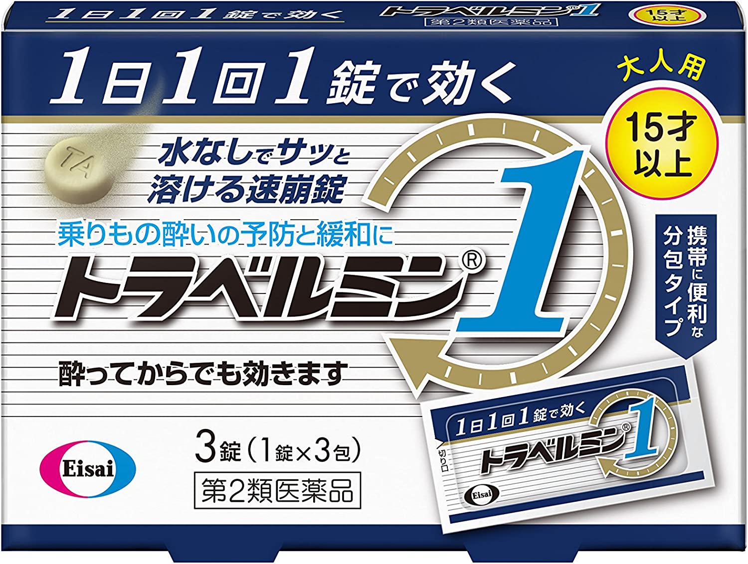 ●製品の特徴 ●トラベルミン1は，1日1回1錠の服用で効果があります。1日中，楽しい旅行，快適な移動をお手伝いします。 ●ラムネのようにサッと溶ける速崩タイプです。 飛行機，車，船などでの移動中でも水なしで服用いただけます。 ●酔ってからでも効く成分を配合しております。 予防はもちろん乗りもの酔いによる吐き気やめまいをしずめる効果もあります。 ●使用上の注意 ■してはいけないこと ［守らないと現在の症状が悪化したり，副作用・事故が起こりやすくなる］ 1．本剤を服用している間は，次のいずれの医薬品も使用しないでください。 　他の乗物酔い薬，かぜ薬，解熱鎮痛薬，鎮静薬，鎮咳去痰薬，胃腸鎮痛鎮痙薬，抗ヒスタミン剤を含有する内服薬等（鼻炎用内服薬，アレルギー用薬等） 2．服用後，乗物又は機械類の運転操作をしないでください。 　（眠気や目のかすみ，異常なまぶしさ等の症状があらわれることがあります。） ■相談すること 1．次の人は服用前に医師，薬剤師又は登録販売者に相談してください。 　（1）医師の治療を受けている人 　（2）妊婦又は妊娠していると思われる人 　（3）高齢者 　（4）薬などによりアレルギー症状を起こしたことがある人 　（5）次の症状のある人 　　排尿困難 　（6）次の診断を受けた人 　　緑内障，心臓病 2．服用後，次の症状があらわれた場合は副作用の可能性があるので，直ちに服用を中止し，この説明書を持って医師，薬剤師又は登録販売者に相談してください。 ［関係部位：症状］ 皮膚：発疹・発赤，かゆみ 精神神経系：頭痛 泌尿器：排尿困難 その他：顔のほてり，異常なまぶしさ 3．服用後，次の症状があらわれることがあるので，このような症状の持続又は増強が見られた場合には，服用を中止し，この説明書を持って医師，薬剤師又は登録販売者に相談してください。 　口のかわき，便秘，眠気，目のかすみ ●効能・効果 乗物酔いによるめまい・吐き気・頭痛の予防及び緩和 ●用法・用量 次の1回量を1日1回かむか，口中で溶かして服用してください。ただし，乗物酔いの予防には乗車船30分前に服用してください。 ［年齢：1回量：1日服用回数］ 成人（15才以上）：1錠：1回 小児（15才未満）：服用しないこと ●成分分量1錠中 成分分量 塩酸メクリジン50mg スコポラミン臭化水素酸塩水和物0.25mg 添加物 カラギーナン，トウモロコシデンプン，D-マンニトール，l-メントール，香料，三二酸化鉄，ジメチルポリシロキサン，ステビア抽出精製物，セルロース，ポビドン，無水ケイ酸 ●保管及び取扱い上の注意 （1）直射日光の当たらない湿気の少ない涼しい所に保管してください。 （2）小児の手の届かない所に保管してください。 （3）他の容器に入れ替えないでください。（誤用の原因になったり品質が変わります。） （4）使用期限をすぎた製品は使用しないでください。 消費者相談窓口 会社名：エーザイ 問い合わせ先：hhcホットライン 電話：フリーダイヤル　0120-161-454 受付時間：平日9：00〜18：00（土・日・祝日9：00〜17：00） 製造販売会社エーザイ（株） 会社名：エーザイ株式会社 住所：東京都文京区小石川4-6-10 剤形錠剤 リスク区分 第2類医薬品 広告文責：有限会社シンエイ 電話：077-545-0252定形外郵便でのお届けは、必ず下記事項をご確認の上、ご注文下さい ●お荷物番号がありませんので、発送後の追跡ができません。また、お届け時には、郵便受けに投函されますので、時間指定ができないといったデメリットもございます。 ●荷物の大きさや重さに制限があるため、保護材を使わずにお送り致しますので、お届け時に外箱が破損することもあります。 ●定形外郵便指定の品以外や、異なる定形外郵便指定の品を同梱された場合は宅配便（送料実費）でお送り致します。 ●お荷物に保険もかかっておりませんのでくれぐれも盗難事故等にお気を付け下さいますようお願い申し上げます。誠に申し訳ございませんが、盗難事故でも当店では補償致しかねますので、ご心配の方は宅配便をご指定下さい。 ●受領の確認や、商品破損や盗難時の保証を希望される方は宅配便をご利用下さい。 ※定形外郵便でのお届けをご希望のお客様におかれましては、上記事項をご了承頂いたものとさせて頂きます。ご了承頂けない場合は必ず宅配便をご利用下さい。