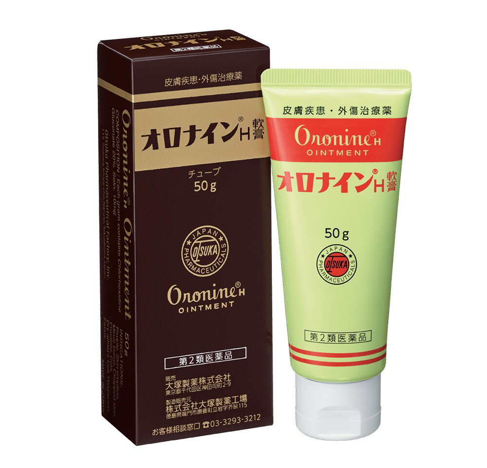 ●製品の特徴 にきび，吹出物には少量をかるくすりこんでください。 べとつく場合は，タオル，ガーゼ等で拭きとってください。 きず（きりきず，すりきず，つききず）には患部を清潔にして塗ってください。 オロナインH軟膏はきず口を消毒し，化膿を防ぎます。 軽度のやけどの場合は，患部に塗ってガーゼを当ててください。 化膿を防ぎます。 ナイフ，カミソリなどによるきりキズにご使用ください。オロナインH軟膏の殺菌作用により化膿を防ぎます。 水虫にはお風呂上りにすりこむのが効果的ですが，毎日忘れぬよう根気よくお続けください。 なお，じゅくじゅくした湿潤性の水虫には適当ではありません。 いんきん，たむし，しらくも，はたけにもオロナインH軟膏をご使用ください。 山や海で思わぬきず等に慌てた経験がおありでしょう。 オロナインH軟膏はご家庭ばかりでなく，外出や旅行のときの携帯薬としても使用できます。 冬のひび，しもやけ，あかぎれには水仕事のあとやお風呂上り，お寝み前によくすりこんでください。 ●使用上の注意 ■してはいけないこと （守らないと現在の症状が悪化したり，副作用が起こりやすくなる） 1．次の人は使用しないでください。 本剤又は本剤の成分，クロルヘキシジンによりアレルギー症状を起こしたことがある人。 2．次の部位には使用しないでください。 （1）湿疹（ただれ，かぶれ） （2）化粧下 （3）虫さされ ■相談すること 1．次の人は使用前に医師，薬剤師又は登録販売者に相談してください。 （1）医師の治療を受けている人 （2）薬などによりアレルギー症状（例えば発疹・発赤，かゆみ，かぶれ等）を起こしたことがある人 （3）患部が広範囲の人 （4）湿潤やただれのひどい人 （5）深い傷やひどいやけどの人 2．使用後，次の症状があらわれた場合は副作用の可能性があるので，直ちに使用を中止し，この添付文書を持って医師，薬剤師又は登録販売者に相談してください。 ［関係部位：症状］ 皮膚：発疹・発赤，かゆみ，はれ，乾燥，ひびわれ まれに下記の重篤な症状が起こることがあります。その場合は直ちに医師の診療を受けてください。 ［症状の名称：症状］ ショック（アナフィラキシー）：使用後すぐに，皮膚のかゆみ，じんましん，声のかすれ，くしゃみ，のどのかゆみ，息苦しさ，動悸，意識の混濁等があらわれる。 3．5〜6日間使用しても症状がよくならない場合は使用を中止し，この添付文書を持って医師，薬剤師又は登録販売者に相談してください。 ●効能・効果 にきび，吹出物，はたけ，火傷（かるいもの），ひび，しもやけ，あかぎれ，きず，水虫（じゅくじゅくしていないもの），たむし，いんきん，しらくも ●用法・用量 患部の状態に応じて適宜ガーゼ・脱脂綿等に塗布して使用するか又は清潔な手指にて直接患部に応用します。 ●用法関連注意 （1）小児に使用させる場合には，保護者の指導監督のもとに使用させてください。 （2）目に入らないように注意してください。 万一，目に入った場合には，すぐに水又はぬるま湯で洗ってください。 なお，症状が重い場合には，眼科医の診療を受けてください。 （3）本剤は外用にのみ使用してください。 （4）患部やその周囲の汚れを落としてから使用してください。 ●成分分量 1g中 成分分量 クロルヘキシジングルコン酸塩液(20％)10mg ●添加物 ラウロマクロゴール，ポリソルベート80，硫酸アルミニウムカリウム，マクロゴール，グリセリン，オリブ油，ステアリルアルコール，サラシミツロウ，ワセリン，自己乳化型ステアリン酸グリセリル，香料，精製水 ●保管及び取扱い上の注意 （1）直射日光の当たらない涼しい所に密栓して保管してください。 （2）小児の手の届かない所に保管してください。 （3）他の容器に入れ替えないでください。（誤用の原因になったり品質が変わります。） （4）外箱及び容器に表示の使用期限をすぎた製品は使用しないでください。 （5）瓶容器はガラス製ですので，強い衝撃はさけてください。容器が破損し，けがをするおそれがあります。 ●消費者相談窓口 会社名：大塚製薬株式会社 住所：〒101-8535東京都千代田区神田司町2-9 問い合わせ先：お客様相談窓口 電話：（03）3293-3212 受付時間：9：00〜17：00（土，日，祝日を除く） ●製造販売会社 （株）大塚製薬工場 会社名：株式会社大塚製薬工場 住所：徳島県鳴門市撫養町立岩字芥原115 ●リスク区分等 第2類医薬品広告文責：有限会社シンエイ 電話：077-545-0252