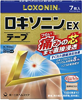 ●製品の特徴 すぐれた鎮痛消炎効果をもつ［ロキソプロフェンナトリウム水和物］を8.1％配合。 さらに2つの有効成分を追加配合。つらい痛みの芯まで直接浸透してしっかり効く。 1日1回使用。こだわりの薄型設計で，貼り心地やはがれにくさを追求。 ●使用上の注意 ■してはいけないこと （守らないと現在の症状が悪化したり，副作用が起こりやすくなります） 1．次の人は使用しないで下さい。 （1）本剤又は本剤の成分によりアレルギー症状を起こしたことがある人 （2）本剤又は他の解熱鎮痛薬，かぜ薬，外用鎮痛消炎薬を使用してぜんそくを起こしたことがある人 （3）15歳未満の小児 2．次の部位には使用しないで下さい。 （1）目の周囲，粘膜等 （2）しっしん，かぶれ，傷口 （3）みずむし・たむし等又は化膿している患部 3．本剤を使用している間は，他の外用鎮痛消炎薬を使用しないで下さい。 4．連続して2週間以上使用しないで下さい。（本剤は痛みを一時的におさえるものです。痛み等の症状が継続する場合には，使用を中止し，医師の診療を受けて下さい） ■相談すること 1．次の人は使用前に医師，薬剤師又は登録販売者に相談して下さい。 （1）医師の治療を受けている人 （2）薬などによりアレルギー症状を起こしたことがある人 （3）妊婦又は妊娠していると思われる人 （4）高齢者 （5）次の診断を受けた人 気管支ぜんそく 2．使用後，次の症状があらわれた場合は副作用の可能性がありますので，直ちに使用を中止し，この外箱を持って医師，薬剤師又は登録販売者に相談して下さい。 ［関係部位：症状］ 皮膚：発疹・発赤，かゆみ，はれ，ヒリヒリ感，かぶれ，水疱，青あざができる，色素沈着 消化器：胃部不快感，みぞおちの痛み その他：むくみ まれに下記の重篤な症状が起こることがあります。その場合は直ちに医師の診療を受けて下さい。 ［症状の名称：症状］ ショック（アナフィラキシー）：使用後すぐに，皮膚のかゆみ，じんましん，声のかすれ，くしゃみ，のどのかゆみ，息苦しさ，動悸，意識の混濁等があらわれる。 3．使用後，次の症状があらわれることがありますので，このような症状の持続又は増強が見られた場合には，使用を中止し，この外箱を持って医師，薬剤師又は登録販売者に相談して下さい。 下痢・軟便 4．5〜6日間使用しても症状がよくならない場合は使用を中止し，この外箱を持って医師，薬剤師又は登録販売者に相談して下さい。（他の疾患の可能性があります） ●効能・効果 腰痛，肩こりに伴う肩の痛み，関節痛，筋肉痛，腱鞘炎（手・手首の痛み），肘の痛み（テニス肘など），打撲，捻挫 ●用法・用量 表面のライナー（フィルム）をはがし，1日1回患部に貼付して下さい。 ●用法関連注意 （1）用法・用量を厳守して下さい。 （2）本剤は，痛みやはれ等の原因になっている病気を治療するのではなく，痛みやはれ等の症状のみを治療する薬剤なので，症状がある場合だけ使用して下さい。 （3）1日あたり4枚を超えて使用しないで下さい。 （4）汗をかいたり，患部がぬれている時は，よく拭きとってから使用して下さい。 （5）皮膚の弱い人は，使用前に腕の内側の皮膚の弱い箇所に，1〜2cm角の小片を目安として半日以上貼り，発疹・発赤，かゆみ，かぶれ等の症状が起きないことを確かめてから使用して下さい。 ●成分分量 膏体100g中 成分分量内訳 ロキソプロフェンナトリウム水和物8.10g（無水物として7.14g） トコフェロール酢酸エステル2.3g l-メントール3.5g ［1枚あたり（7cm×10cm）膏体量0.7g］ ●添加物 スチレン・イソプレン・スチレンブロックコポリマー，ポリイソブチレン，水添ロジングリセリンエステル，BHT，ステアリン酸亜鉛，流動パラフィン，その他3成分 ●保管及び取扱い上の注意 （1）直射日光の当たらない湿気の少ない涼しい所に保管して下さい。 （2）小児の手の届かない所に保管して下さい。 （3）他の容器に入れ替えないで下さい。（誤用の原因になったり品質が変わります） （4）品質保持のため，開封後の未使用分は袋に入れ，袋のチャックをきちんと閉めて保管して下さい。 （5）表示の使用期限を過ぎた製品は使用しないで下さい。また，アルミ袋を開封した後は，なるべく早く使用して下さい。 ●消費者相談窓口 会社名：第一三共ヘルスケア株式会社 住所：〒103-8234東京都中央区日本橋3-14-10 問い合わせ先：お客様相談室 電話：0120-337-336 受付時間：9：00〜17：00（土，日，祝日を除く） ●製造販売会社 リードケミカル株式会社 〒930-0912 富山県富山市日俣77-3 ●リスク区分等 第2類医薬品広告文責：有限会社シンエイ 電話：077-545-0252
