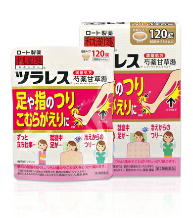 ●製品の特徴 就寝中に「ふくらはぎ」や「足の指」がつった経験はありませんか？ ツラレスは、筋肉の緊張をほぐし、つらい痛みやこわばりをしっかり鎮めます。 錠剤タイプなので服用しやすく、飲みこみやすいのも特長。 7才のお子様から、体力に関わらず使用できます。 ツラレスは、一般用漢方製剤の承認基準に定められている生薬の1日最大量から抽出したエキスを配合した「満量処方」です。 ●使用上の注意 ■してはいけないこと （守らないと現在の症状が悪化したり，副作用が起こりやすくなる） 1．次の診断を受けた人は服用しないこと：心臓病 2．症状があるときのみの服用にとどめ，連用しないこと ■相談すること 1．次の人は服用前に医師，薬剤師又は登録販売者に相談すること。 （1）医師の治療を受けている人 （2）妊婦又は妊娠していると思われる人 （3）高齢者 （4）次の症状のある人：むくみ （5）次の診断を受けた人：高血圧，腎臓病 2．服用後，まれに次の重篤な症状が起こることがある。その場合は副作用の可能性があるので，直ちに服用を中止し，この袋を持って医師の診療を受けること。 ［症状の名称：症状］ 間質性肺炎：階段を上ったり，少し無理をしたりすると息切れがする・息苦しくなる，空せき，発熱等がみられ，これらが急にあらわれたり，持続したりする 偽アルドステロン症：手足のだるさ，しびれ，つっぱり感やこわばりに加えて，脱力感，筋肉痛があらわれ，徐々に強くなる ミオパチー：手足のだるさ，しびれ，つっぱり感やこわばりに加えて，脱力感，筋肉痛があらわれ，徐々に強くなる うっ血性心不全：全身のだるさ，動悸，息切れ，胸部の不快感，胸が痛む，めまい，失神等があらわれる 心室頻拍：全身のだるさ，動悸，息切れ，胸部の不快感，胸が痛む，めまい，失神等があらわれる 肝機能障害：発熱，かゆみ，発疹，黄疸（皮ふや白目が黄色くなる），褐色尿，全身のだるさ，食欲不振等があらわれる 3．5〜6回服用しても症状がよくならない場合は服用を中止し，この袋を持って医師，薬剤師又は登録販売者に相談すること。 ●効能・効果 体力に関わらず使用でき，筋肉の急激なけいれんを伴う痛みのあるものの次の諸症：こむらがえり，筋肉のけいれん，腹痛，腰痛 ●用法・用量 次の量を1日2〜3回，水又はお湯で服用すること。 ［年齢：1回量］ 成人（15才以上）：4錠 7才以上15才未満：2錠 7才未満：服用しないこと ●用法関連注意 （1）用法・用量を厳守すること。 （2）小児に服用させる場合には，保護者の指導監督のもとに服用させること。 ●成分分量 12錠中 成分分量内訳 芍薬甘草湯エキス2400mg（シャクヤク・カンゾウ各6g） ●添加物 クロスカルメロースナトリウム(クロスCMC-Na)，バレイショデンプン，メタケイ酸アルミン酸マグネシウム，乳糖水和物，タルク，ステアリン酸マグネシウム，カルナウバロウ ●保管及び取扱い上の注意 （1）直射日光の当たらない湿気の少ない涼しいところに密栓して保管すること。 （2）小児の手の届かないところに保管すること。 （3）他の容器に入れ替えないこと。（誤用の原因になったり品質が変わる） （4）湿気により，変色など品質に影響を与える場合があるので，ぬれた手で触れないこと。 （5）使用期限を過ぎた製品は，服用しないこと。なお，使用期限内であっても一度開封した後はなるべく早く使用すること。 ●消費者相談窓口 問い合わせ先：お客さま安心サポートデスク 電話：東京：03-5442-6020大阪：06-6758-1230 受付時間：9：00〜18：00（土，日，祝日を除く） ●製造販売会社 ロート製薬（株） 会社名：ロート製薬株式会社 住所：大阪市生野区巽西1-8-1 ●リスク区分等 第2類医薬品広告文責：有限会社シンエイ 電話：077-545-0252