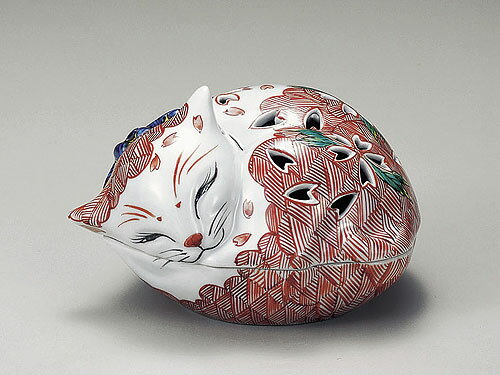 九谷焼　5号猫香炉　赤絵