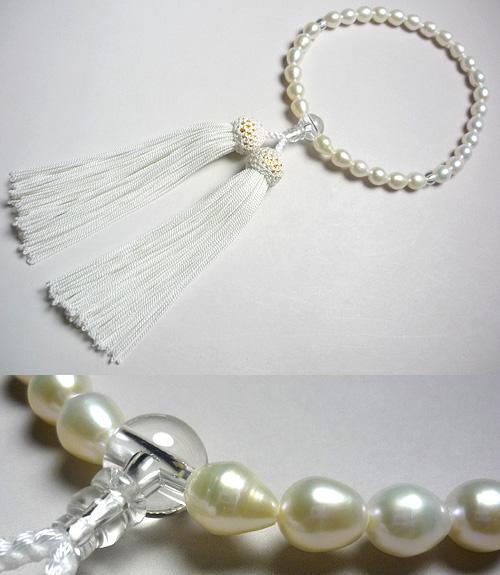 女性用のお数珠 淡水真珠ライス玉 水晶仕立て 白房