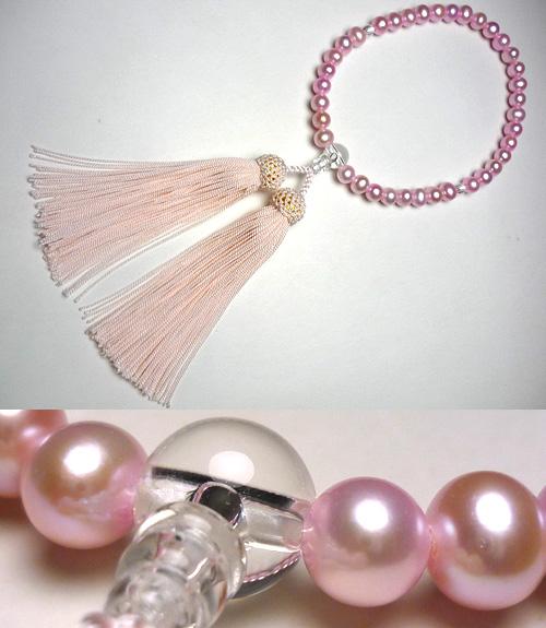 女性用のお数珠 ピンク淡水パール水晶仕立
