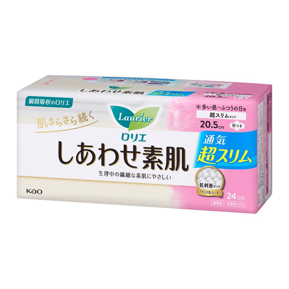 花王 ロリエ しあわせ素肌 通気超スリム ふつうの日用20．5cm 羽つき 24個約（mm）幅210×奥行80×高さ110