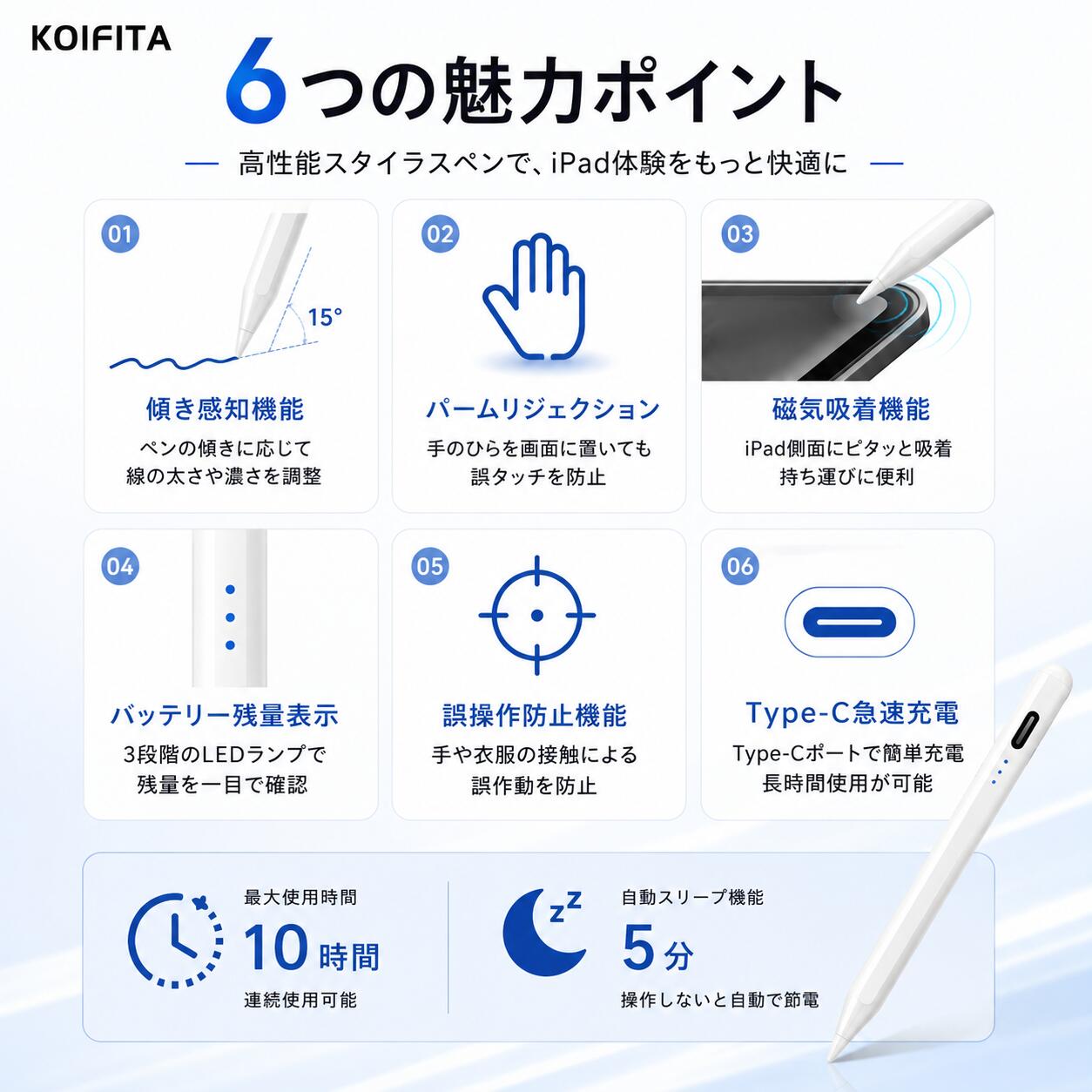 タッチペン iPad ペンシル スタイラスペン 極細 Type-C充電 Bluetooth接続不要 iPad A16 第11世代 - angle 2