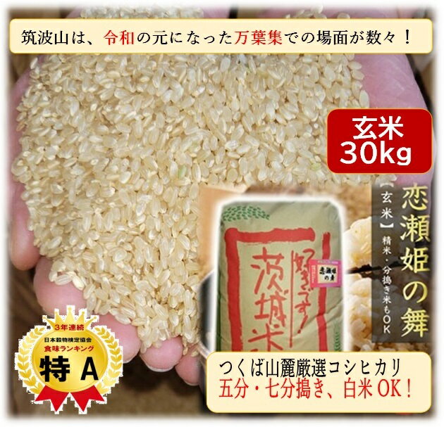 玄米 30kg お米 恋瀬姫の舞 令和5年産 「筑波山麓厳選 こしひかり」 送料無料 k913c 五分搗き、七分搗き、七分づき 白米精米選択可茨城 コシヒカリ 玄米 30キロ 高級 ブランド米 玄米ご飯 お得 おいしい 1位 特A お米 30kg