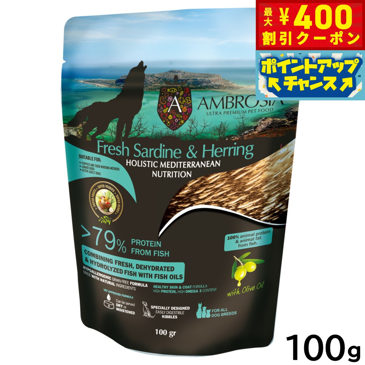 【400円OFFクーポン！＆店内ポイント最大42倍！3月1日！】アンブロシア AMBROSIA ドッグフード HMN サーディンヘリング 100g 無添加 穀物不使用 グレインフリー 地中海食