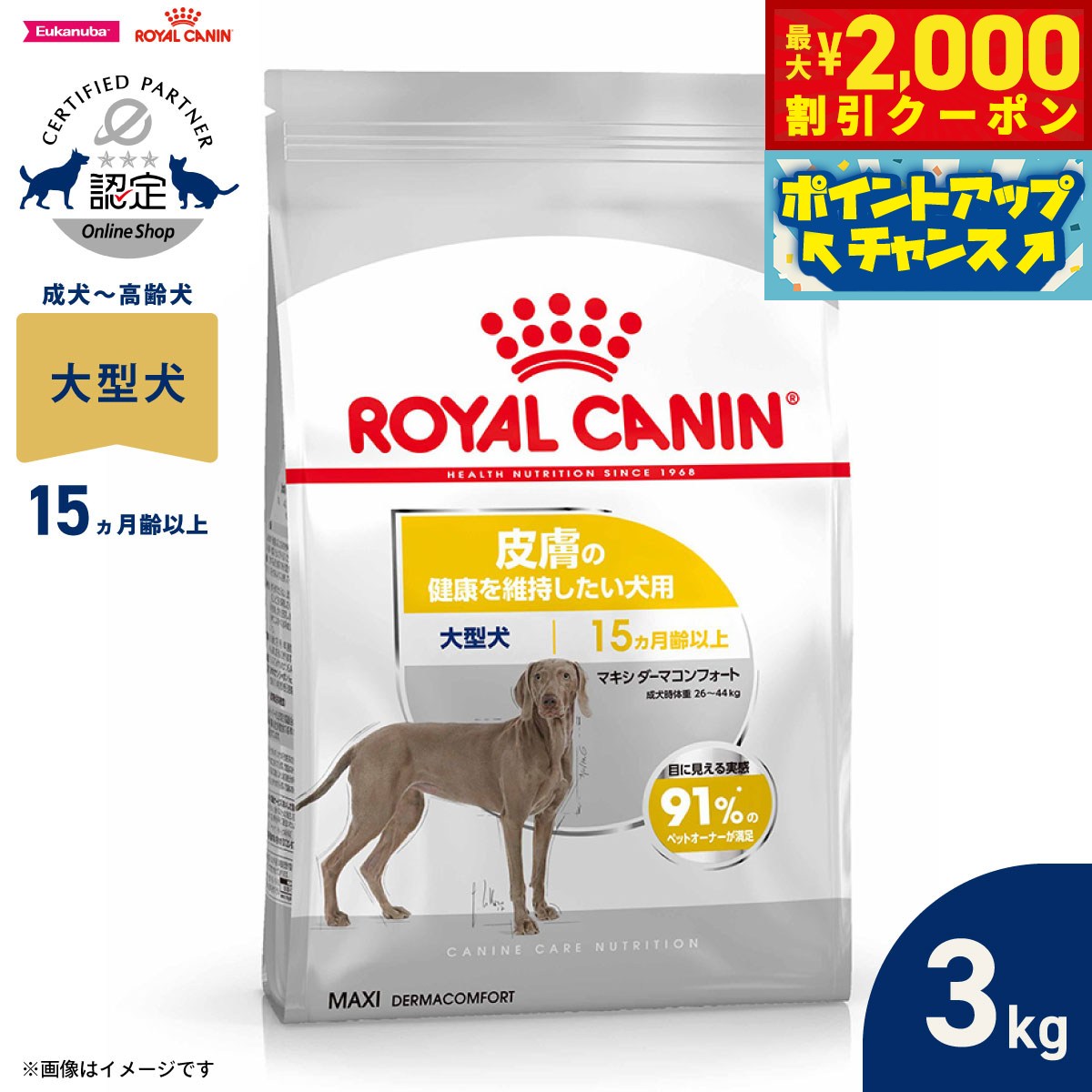 【最大2000円OFFクーポン！＆店内ポイント最大52倍！本日限定！】ロイヤルカナン 犬 ドッグフード ケーナインケアニュートリション マキシ ダーマコンフォート 3kg 正規品 皮膚の健康を維持したい犬用 大型犬専用 成犬～高齢犬用