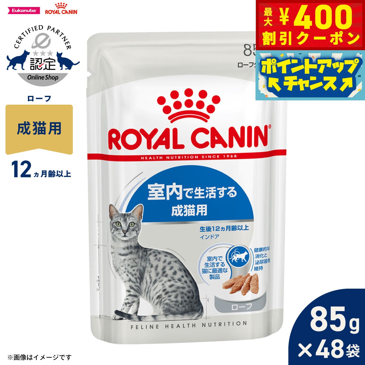 【400円OFFクーポン！＆店内ポイント最大42倍！6月1日！】ロイヤルカナン 猫 キャットフード フィーラインヘルスニュートリション ウェット インドア ローフ 85g×48袋 正規品 室内で生活する猫専用ウェットフード 成猫用