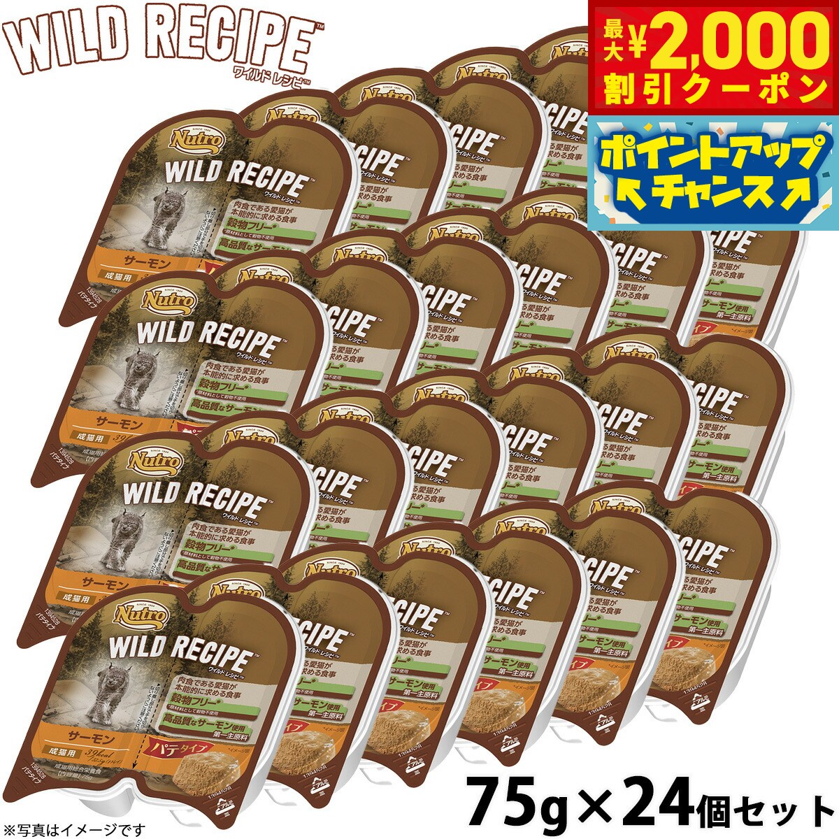 Rakuten - 【最大2000円OFFクーポン！＆店内ポイント最大51倍！6月4日！】ニュートロ ワイルドレシピ 成猫用 サーモン パテタイプ 75g×24個 送料無料 穀物フリー グレインフリー 無添加 ナチュラル猫用