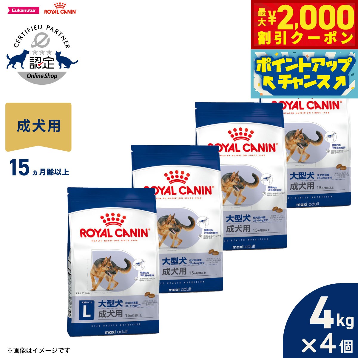 乐天商城 - 【最大2000円OFFクーポン！＆店内ポイント最大52倍！本日限定！】ロイヤルカナン 犬 ドッグフード サイズヘルスニュートリション マキシ アダルト 4kg×4個 正規品 大型犬専用フード 成犬用