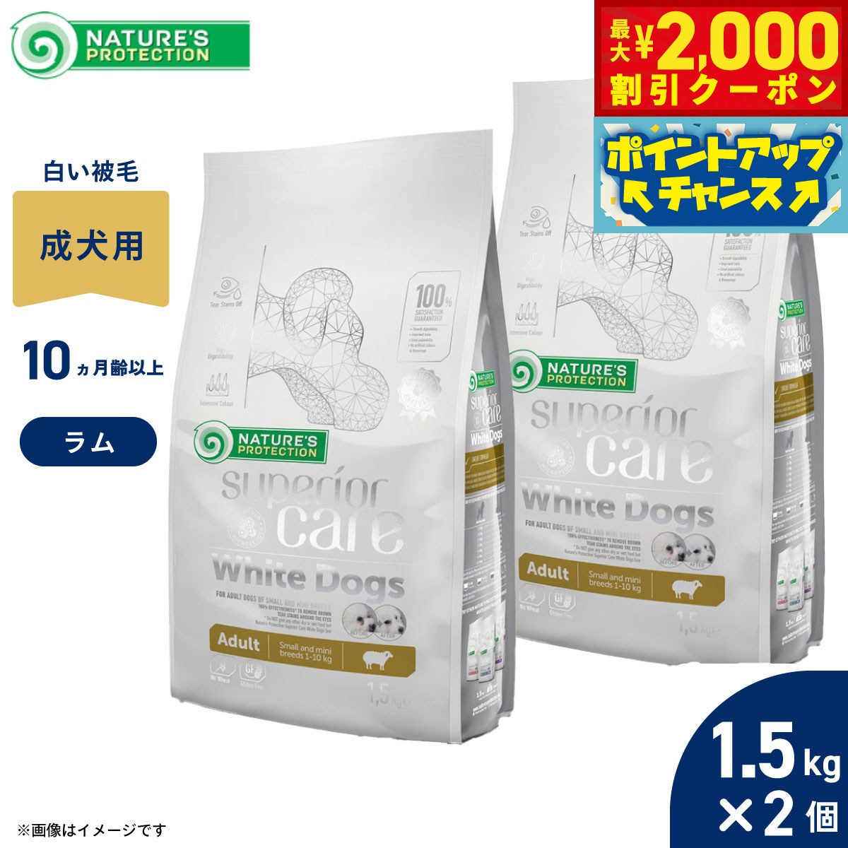 Rakuten - 【最大2000円OFFクーポン！＆店内ポイント最大53倍！本日限定！】ネイチャーズプロテクション ドッグフード ホワイトドッグ 1.5kg×2個セット【送料無料】（白毛種 ホワイトコート 成犬 無添加 グルテンフリー プードル マルチーズ ビションフリーゼ シーズー 涙やけ）