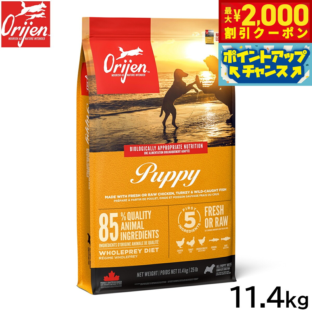 乐天商城 - 【最大2000円OFFクーポン！＆店内ポイント最大52倍！6月20日！】オリジン Orijen ドッグフード パピー 全犬種 子犬用 穀物不使用 11.4kg【送料無料】 正規品 無添加 グレインフリー