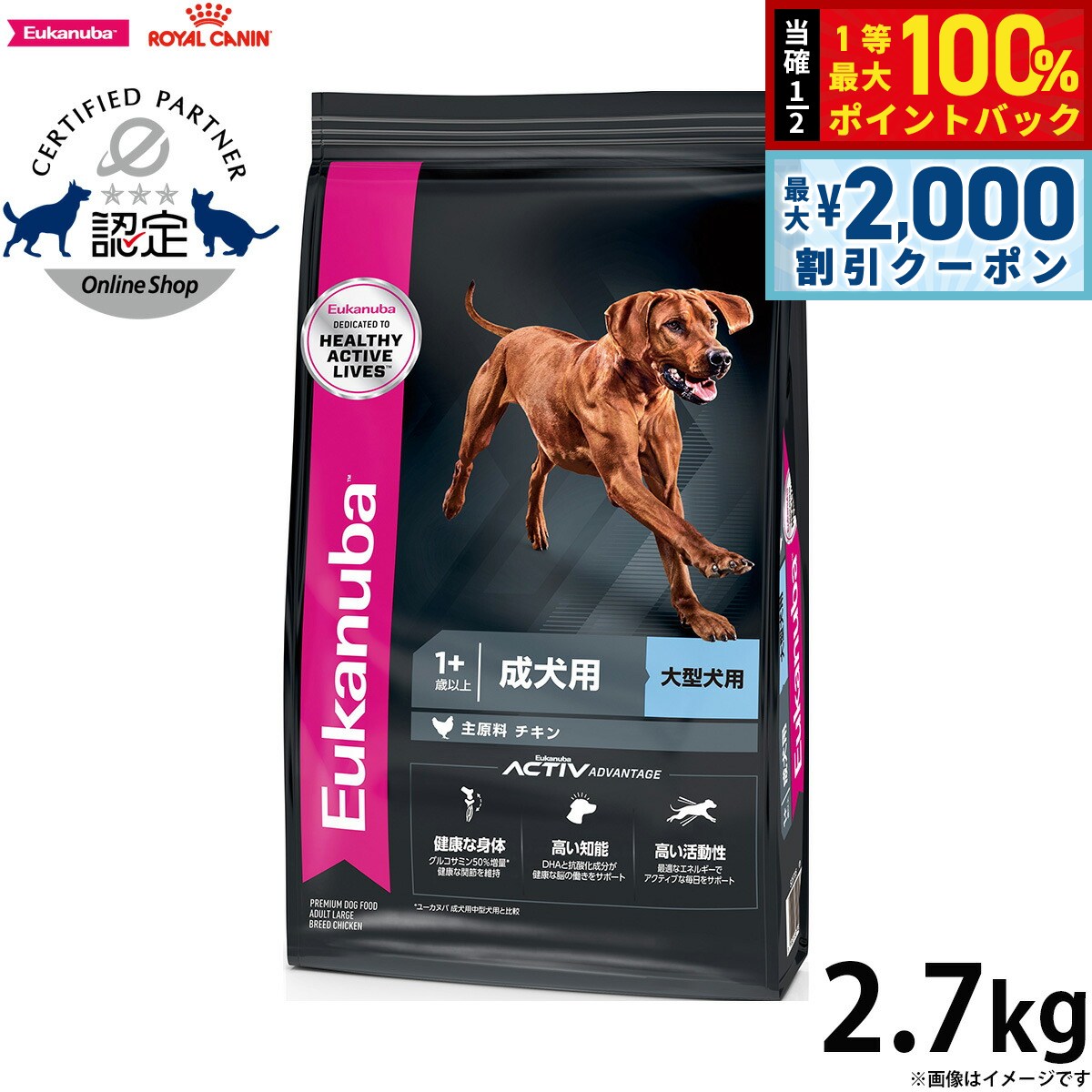 【7/5限定！2000円OFFクーポン＆抽選で1万ポイントバック】ユーカヌバ Eukanuba ドッグフード ラージ アダルト 2.7kg 大型犬 成犬用