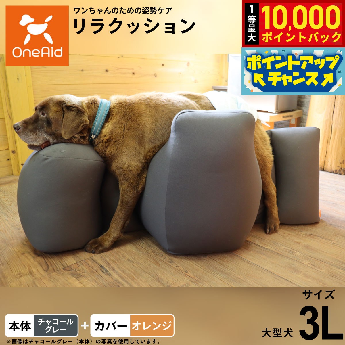 【9/15限定！抽選で最大1万ポイントバック】【プレゼント付き】OneAid リラクッション 撥水カバーセット 大型犬用 3L 本体:チャコールグレー カバー:オレンジ犬用 介護 介護用品 ベッド 姿勢安定