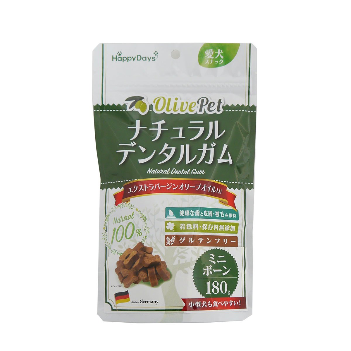 【店内ポイント最大39倍！本日限定！】Happy Days Olive Pet ナチュラルデンタルガム ミニボーン 180g 犬用おやつ 無添加 歯磨きガム