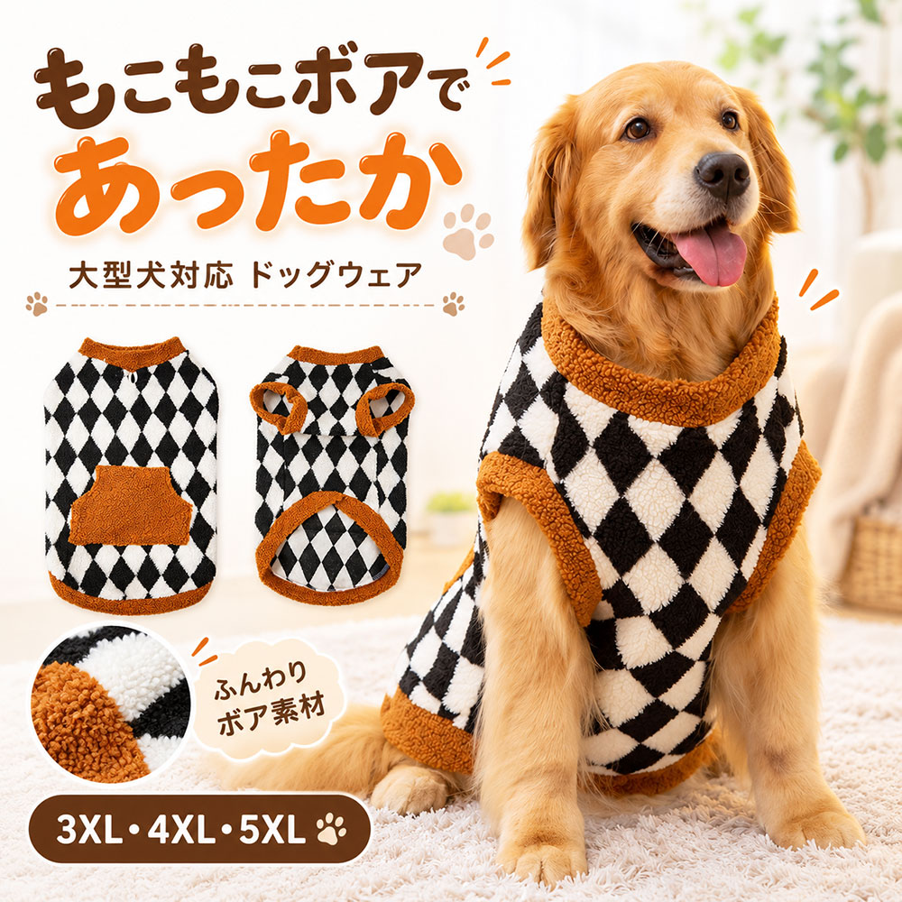 商品詳細: ■商品説明 ふんわりとしたボア素材を使用した、秋冬にぴったりのあったかドッグウェアです。 ブラック×ホワイトのダイヤ柄に配色ボアを合わせ、着るだけでおしゃれな印象に。 ノースリーブ仕様で動きやすく、背中ポケットやリード穴など使いやすいディテールも充実。 大型犬にも対応し、お散歩はもちろん、おうちでの防寒ウェアとしてもおすすめです。 ■素材 ポリエステル、その他 ■キーワード 犬服 ドッグウェア 犬用服 ペット服 犬用ウェア 秋冬 冬服 防寒 防寒着 あったか 暖かい ペットウェア お散歩 散歩 お出かけ 室内着 部屋着 寒さ対策 冬用 秋用 柔らかい 軽量 着せやすい 動きやすい おしゃれ かわいい 保温 保温性 小型犬 中型犬 大型犬 デイリー 軽量 軽い 柴犬 トイプードル チワワ ポメラニアン 防寒着 ペット用品 冬用ウェア メーカー希望小売価格はメーカーサイトに基づいて掲載しています