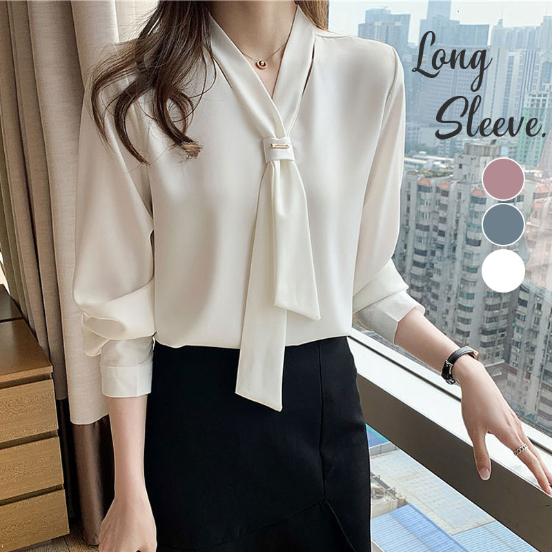 トップス レディース ブラウス ボウタイ Vネック 無地 オフィス カジュアル 通勤 シフォン オフィス きれいめ オシャレ お洒落 送料無料