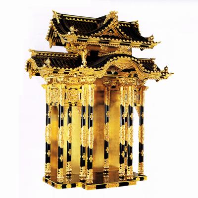 【寺院用】 東用 本宮殿 黒塗面朱 框箱金具打下屋根張5尺(150cm) 別上品(カシュー塗)