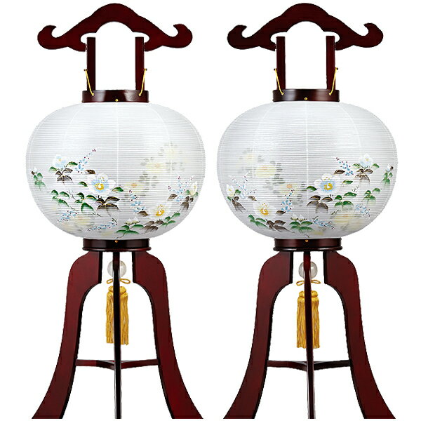 【盆提灯】対柄大内行灯(3本足) 華桜12号 一対(2台1組)■木製/絹張二重[書き絵：芙蓉に菊]■高さ90cm×火袋径(幅)37cm{AS}【納期目安：通常3～5営業日発送】