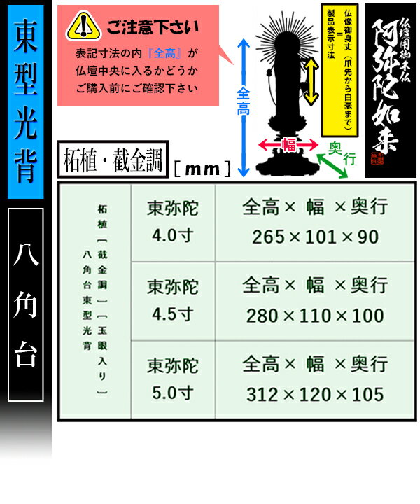 【香華堂特撰●仏壇用御仏像】【浄土真宗(東)用】東弥陀 柘植製[截金調 加飾] [玉眼入り] 5.0寸東型光背 八角台 [全高312×幅120×奥行105mm]真宗大谷派/阿弥陀如来/阿弥陀立像【納期目安：通常3～5営業日発送】