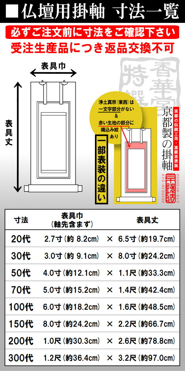 【京表装】【本尊一幅】仏壇用掛軸 錆金 20代七宗派：[真宗大谷派(東)/浄土真宗本願寺派(西)/浄土宗/真言宗/禅宗/臨済宗/日蓮宗]【納期目安：通常約1ヶ月半後発送】