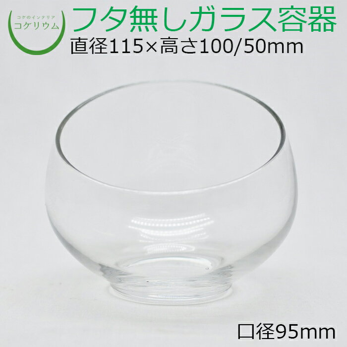 素材：ガラス容器 サイズ(約)：直径115×高さ100/50mm 口径95mm その他商品説明： ※手造り品のため、ガラス内に小さな気泡が入っている場合や、同じ商品でも容器の厚みや重量に若干の差がございますので予めご了承ください。前面から背面にかけて斜めにカットされたスタイリッシュなガラス容器です。 『コケリウムガラス容器 スラッシュ』と比べるとやや丸みを帯びたデザインです。