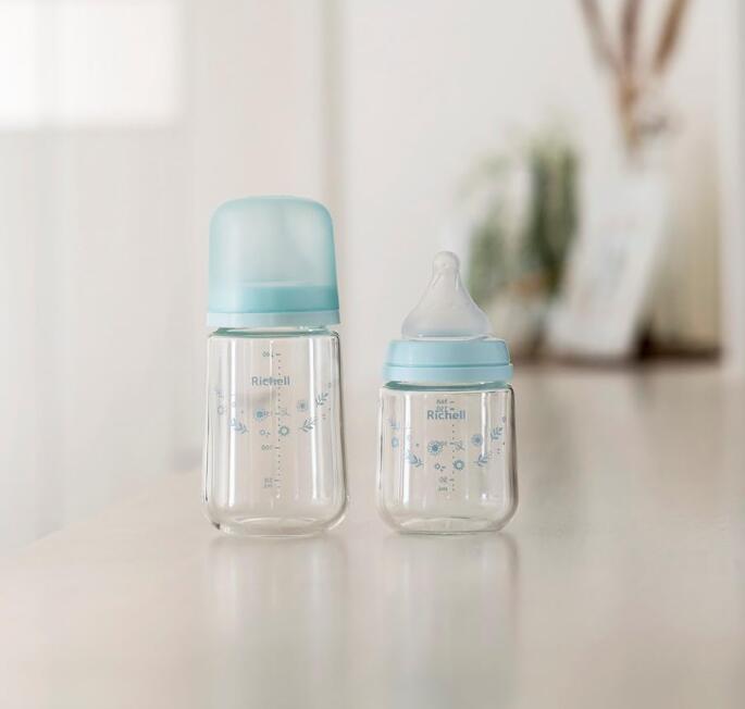【出産祝い】リッチェル はなえみ ガラス哺乳びん 160mL クリアブルー 0カ月～