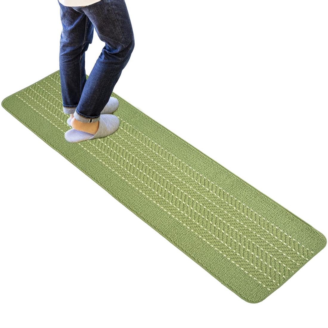 オカ(OKA) 優踏生洗いやすい キッチンマット 約45cm×180cm グリーン(ヘリンボン) (洗える 軽量 滑り止め クッション)