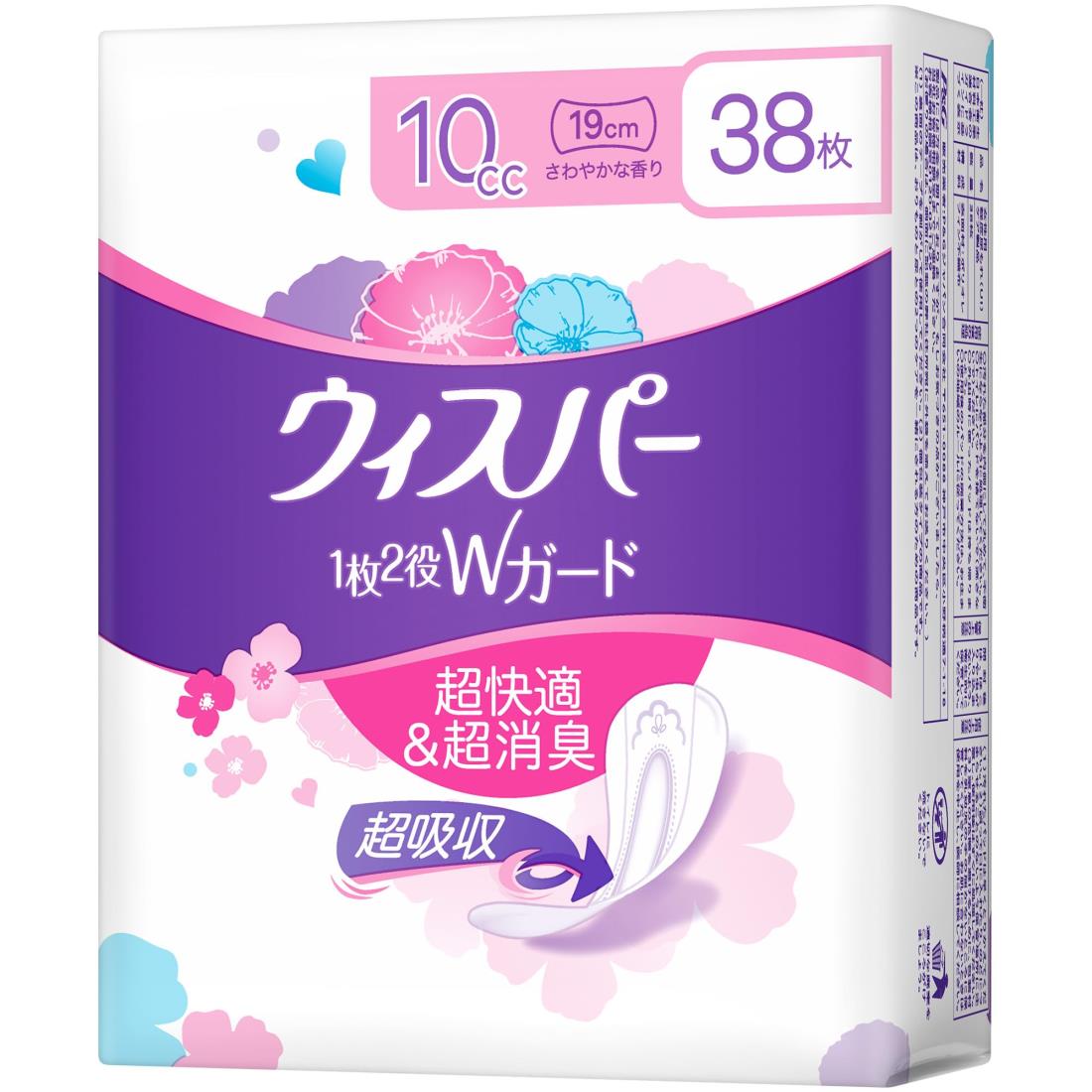 大容量ウィスパー 1枚2役Wガード 10cc 38枚 (吸水ナプキン 尿漏れパッド 女性用)【おりもの＆水分ケア】