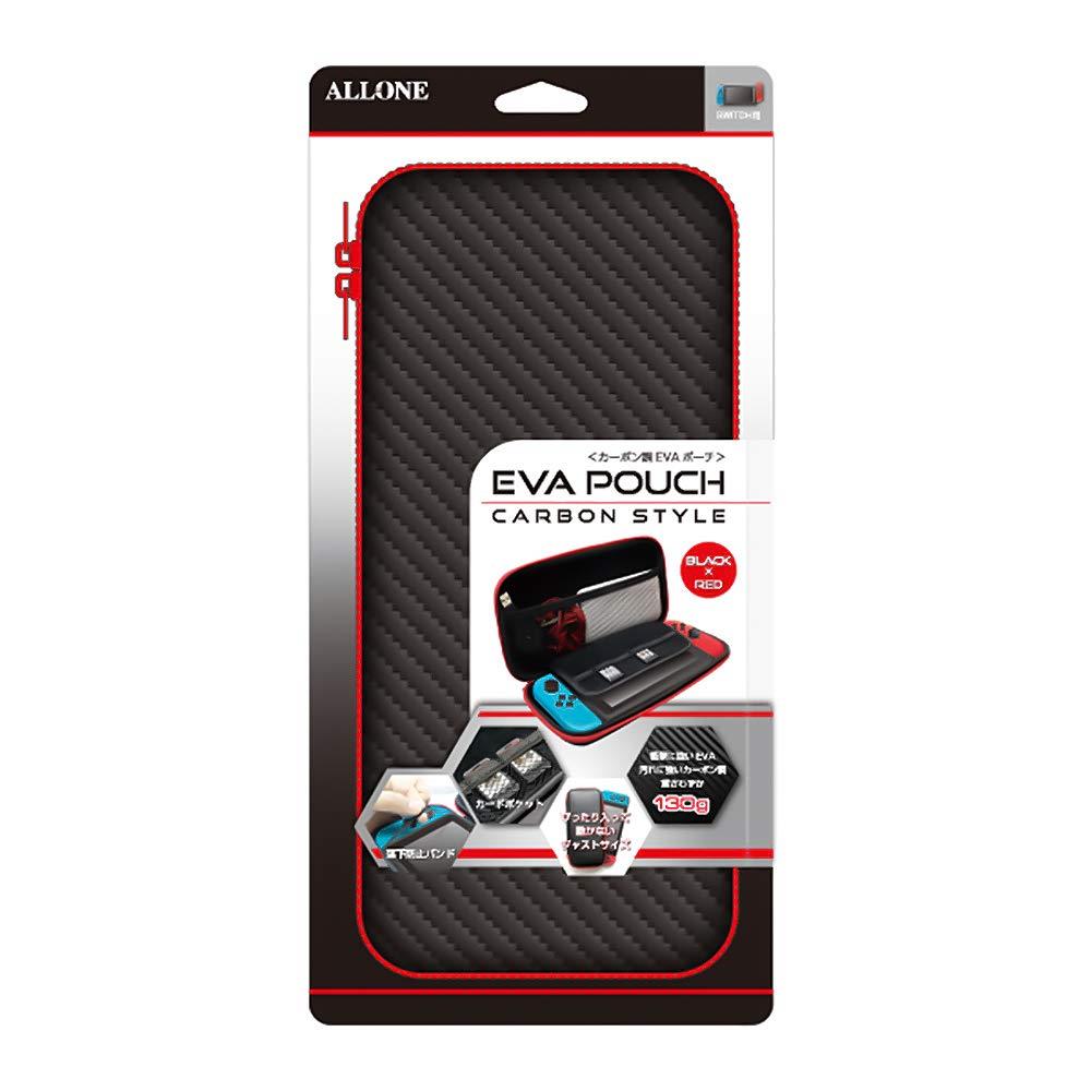 アローン(Allone) Switch/有機EL用 EVAポーチ カーボン調 ブラック×レッド 12×4.8×26cm ゲーム 衝撃に強いEVA素材 軽量130g メッシュポケット付き 落下防止固定バンド ゲームソフトカード6枚収納 ALG-NSEVRD