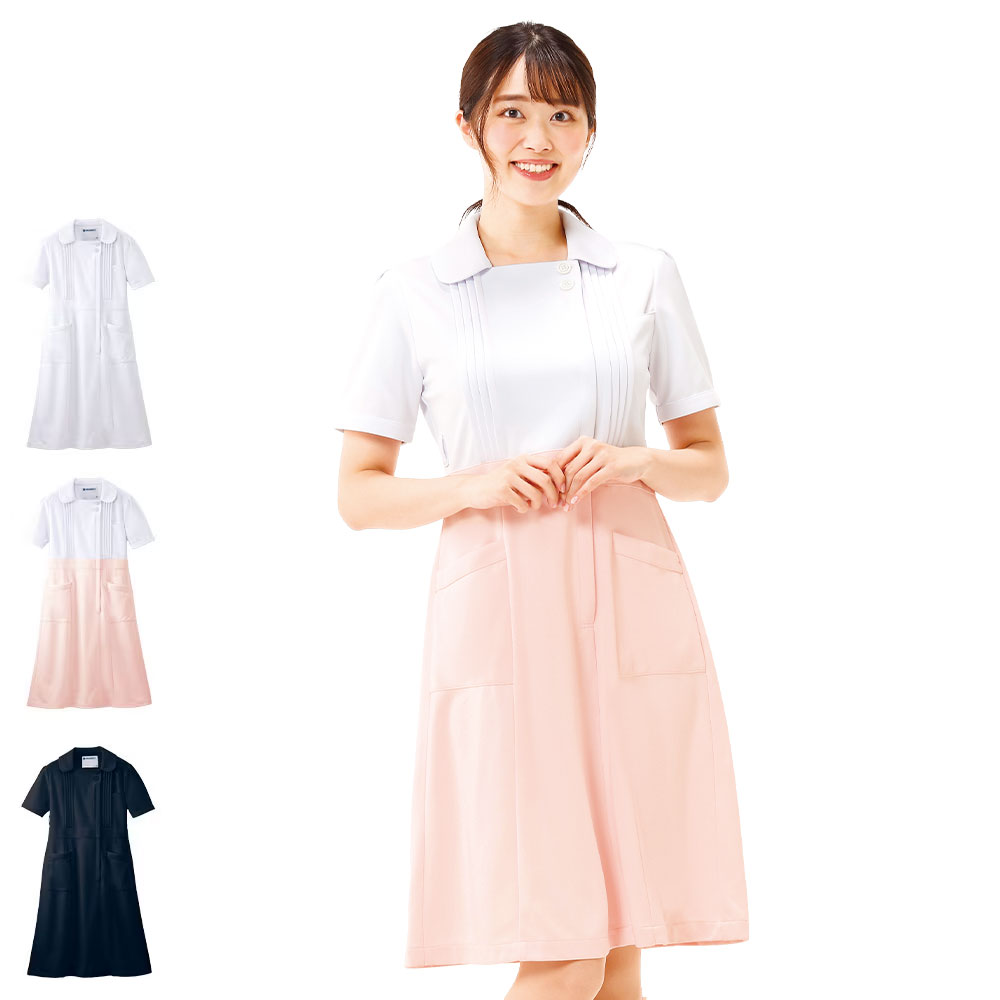 【あす楽】エステ ユニフォーム ワンピース 制服 半袖 美容 医療 事務 受付 業務用 レディース 女性用 おしゃれ かわいい 無地 シンプル メディカル ネイル サロン アイリスト クリニック ストレッチ 背中ファスナー ポケット付 宅配のみ