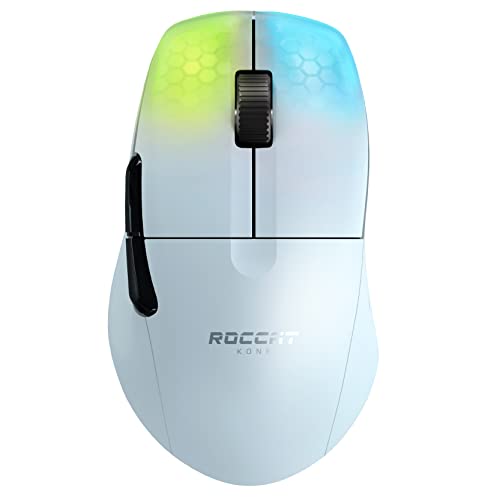 ROCCAT KONE Pro Air ゲーミングマウス (ワイヤレス, エルゴノミック, 軽量75g, Titanスイッチオプティカル, 光学式Owl-Eye 19K dpi,,熱処理PTFE, 半透明, RGB, サイドボタン) ホワイト ドイツデ