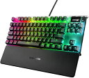 特殊:B07XV1S1FHコード:5707119037471ブランド:SteelSeries規格：64734商品カラー: ブラックサイズ情報:テンキーレス商品サイズ: 高さ85、幅60、奥行き60商品重量:770この商品についてSteelSeriesのゲーミングキーボードApex Pro TKLはテンキーレスで、調節可能なメカニカルスイッチを搭載し、キーごとの感度のカスタマイズを実現。ゲーミング用や仕事用、またはその他の用途でも各キーはお好みの感度レベルに合わせて調整可能で、ユーザーにシームレスに対応します。WASDキーとゲーム内のアビリティーキーに感知作動を採用することで、ゲームに不可欠なコンマ何秒の絶対最速を実現。また、独自の作動設計により、極限精度でのゲーミングやタイピングが可能。高いレベルでキーセットされており、自信を持ってキーを押せば認識されるため、タイプミスを減らすことも可能です。キーボードにOmniPointスイッチを採用し、従来のテンキーレスなメカニカルキーボードと比較してレスポンスを8倍高速化、作動を5倍高速化、耐久性を2倍向上。キーごとにダイナミックRGBイルミネーションを装備し、数百万色のカラーチョイスと反応型タイピング効果により、究極のセットアップを設計可能。マウスやヘッドセットなど他のSteelSeriesギアと同期させることで、最もゴージャスなセットアップを実現。キーボードに有機ELスマートディスプレイを搭載し、一体型コマンドセンターに設定の調整、プロファイルの変更、およびオンザフライのアップデートの表示に関する重要な情報がTabを押さなくても表示されます。また、有機ELスマートディスプレイはゲームやアプリからの情報を直接提供。キーボードのディスプレイにDiscord、Tidal、およびゲームからの通知が瞬時に表示され、ゲーム内での現在のKDA、所持金などを見たり、Discordのスピーカー、メッセージなどを確認することが可能です。また、ゲーミングに便利な専用マルチメディアコントロールは、クリック可能なメタルローラーやメディアキーを使用することでオンザフライで音量や設定を調整でき、ボタンにタッチするだけで、巻き戻し、スキップ、一時停止などのメディア操作を行うこともできます。Apex Pro TKLのキーボードフレームフレームには航空機級のアルミニウム合金を採用。シリーズ5000メタルフレームは壊れない耐久性と頑丈性を備えた製造がなされているため、ゲーミング用のハイエンドなセットアップにぴったりです。フレームには3方向のケーブル配線処理が可能な3つのチャンネルがあり、キーボードのケーブルが伸びたり、引っ張られたりしてゲーミングの進行が邪魔されるのを防ぎ、机の上の整頓を保つこともできます。プレミアムマグネット式リストレストにより、テンキーレスのゲーミングキーボードを簡単かつしっかりと装着が可能。耐久性に優れたソフトタッチ仕上げで完全なパームサポートと快適さを実現。心行くまで心地よくタイピングやゲーミングを行えます。原産国:中国ブランドSteelSeries対応デバイスPC, ゲーム機, ノートパソコン接続技術USBキーボードの説明ゲーム商品の推奨用途ゲーミング特徴バックライト付き, リストレスト色ブラックOSWindows 7, Mac OS X 10.12 Sierra, Windows 10キーの数104サポートするキーボードのバックライトカラーRGB表示を増やす発送サイズ: 高さ38、幅19.8、奥行き6発送重量:1400ゲーミングキーボード ゲーミング キーボード テンキーレス げーみんぐ きーぼーど てんきーれす 有線 英語配列 英語配置 Apex pro tkl スイッチ ディスプレイ 有機EL マグネット esports e-sports イースポーツ keyboard ゲーム用 イルミネーション 光る スティールシリーズ Stee lSeries すてぃーるしりーず エイペックス 耐久性 人気