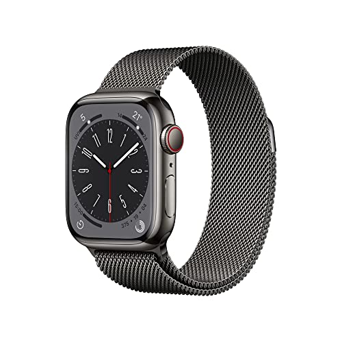 Apple Watch Series 8 GPS + Cellularモデル、41mmケース グラファイトステンレススチールケースとグラファイトミラネーゼループを組み合わせたスマートウォッチ。フィットネストラッカー、血中酸素ウェルネスアプリと心電図アプ