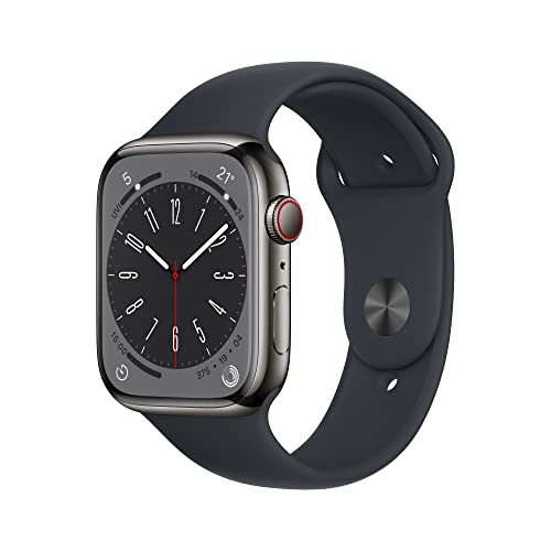 Apple Watch Series 8 GPS + Cellularモデル、45mmケース グラファイトステンレススチールケースとミッドナイトスポーツバンド レギュラーを組み合わせたスマートウォッチ。フィットネストラッカー、血中酸素ウェルネスアプリと